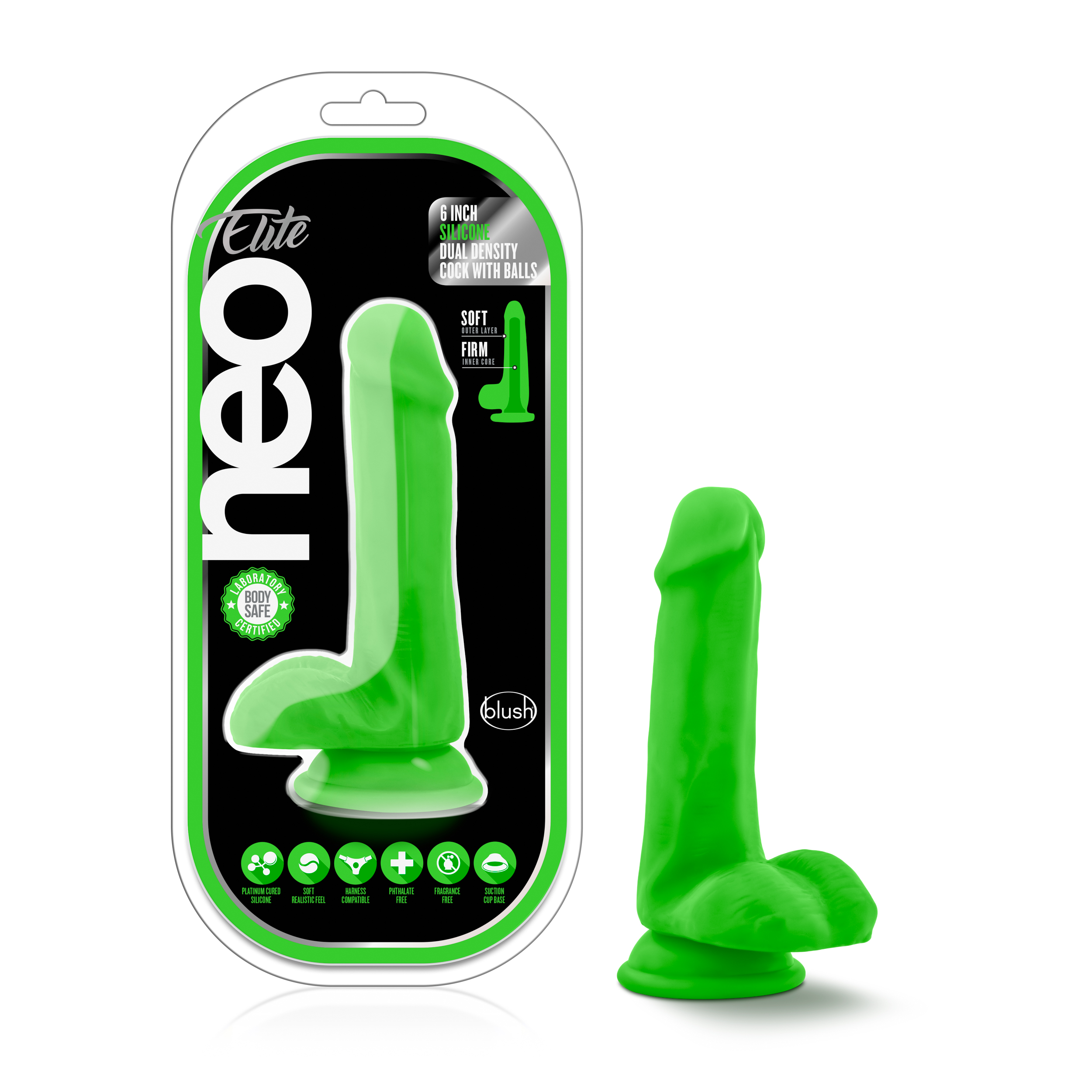 Blush Neo Elite? / Neon Green: 6.5-Inch Long Dildo - Made with Purio? Silicone & SensaFeel? Dual Density Realistic Technology