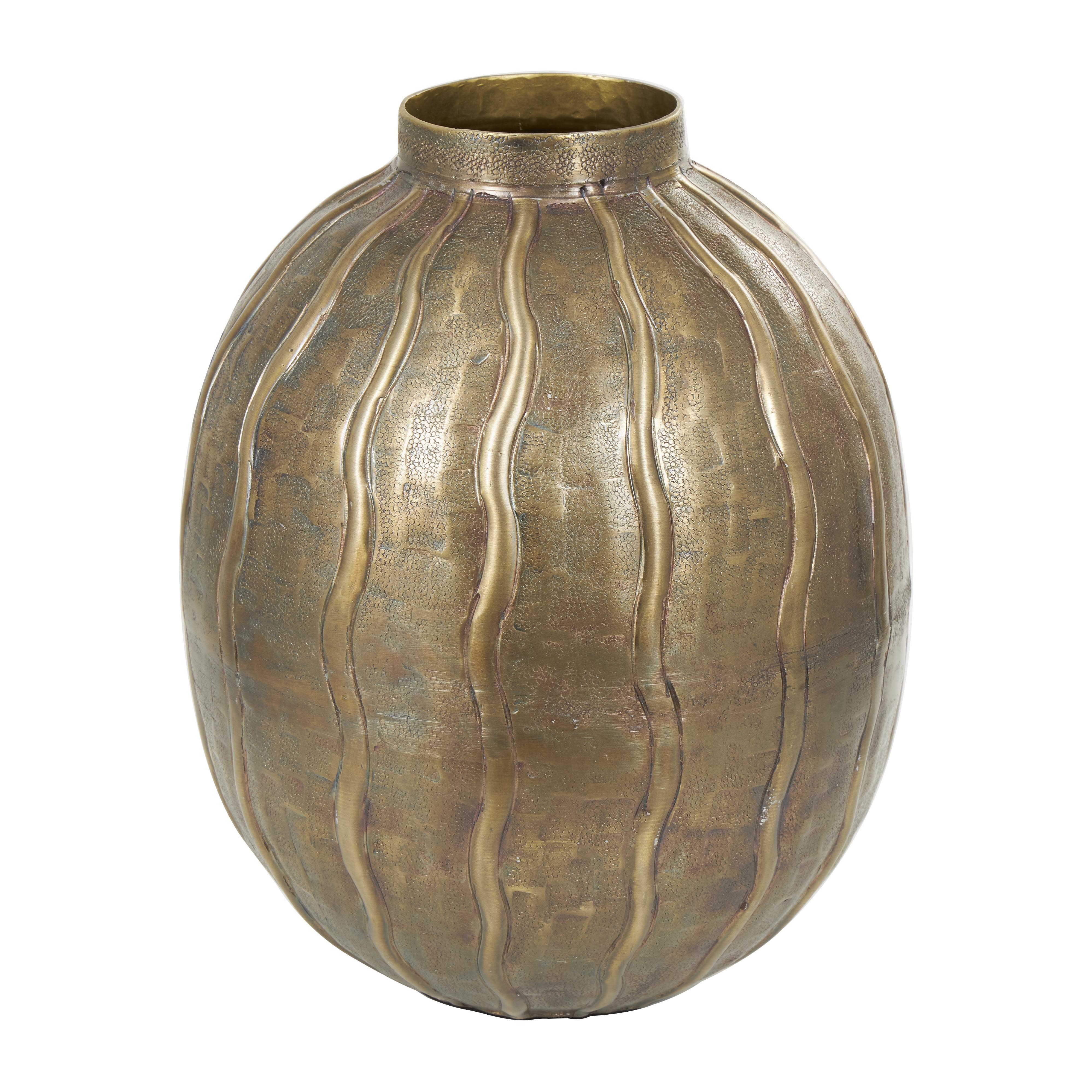 Brass Metal  Snakeskin Inspired Decorative Vase with Dimensional Wavy Accents, 9" x 9" x 12"