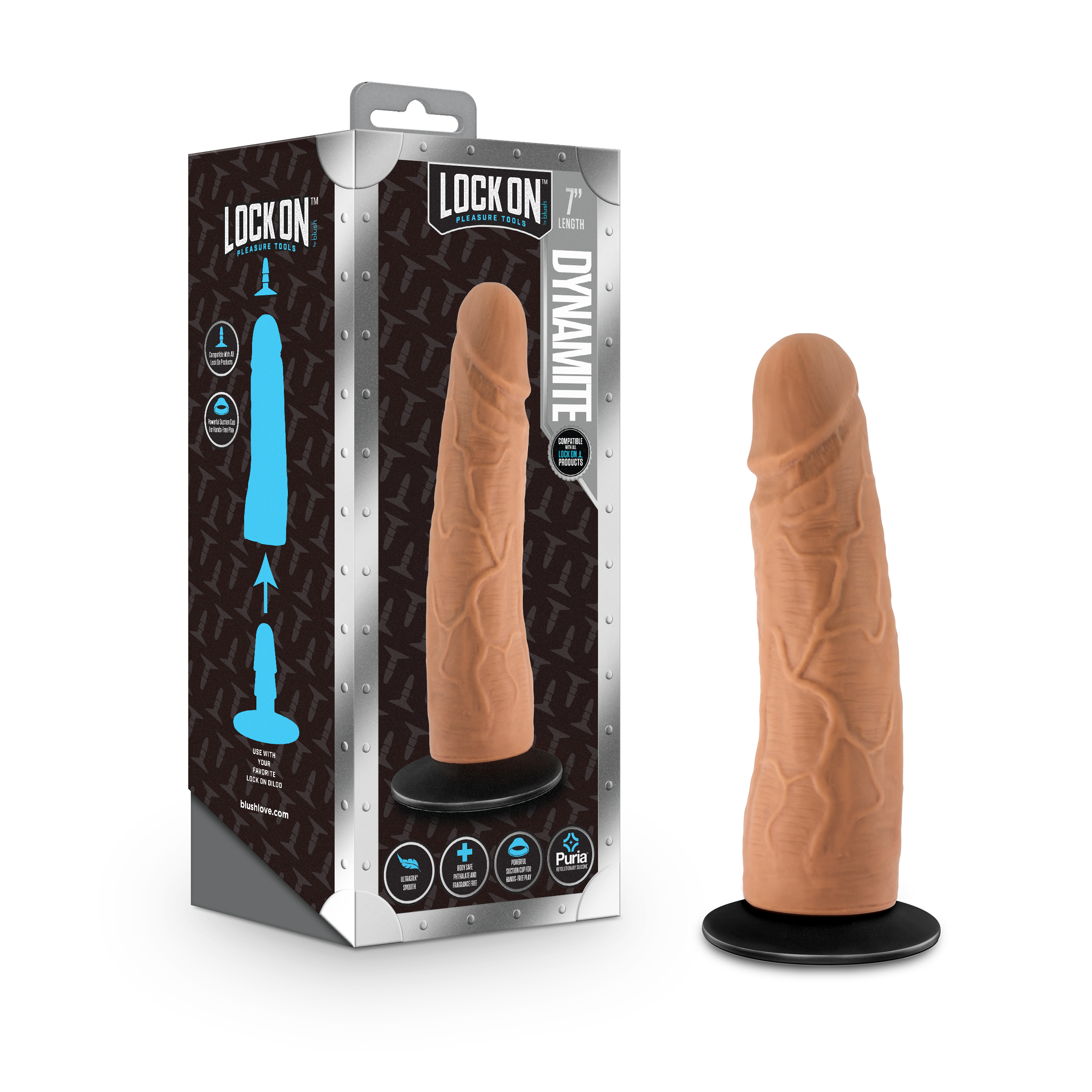 Blush Lock On Dynamite Realistic Mocha 7-Inch Long Dildo With Suction Cup Adapter