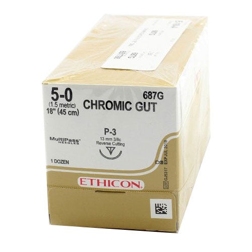 Chromic Gut Sutures, 5-0, P-3, Reverse Cutting, 18" - 12/Box
