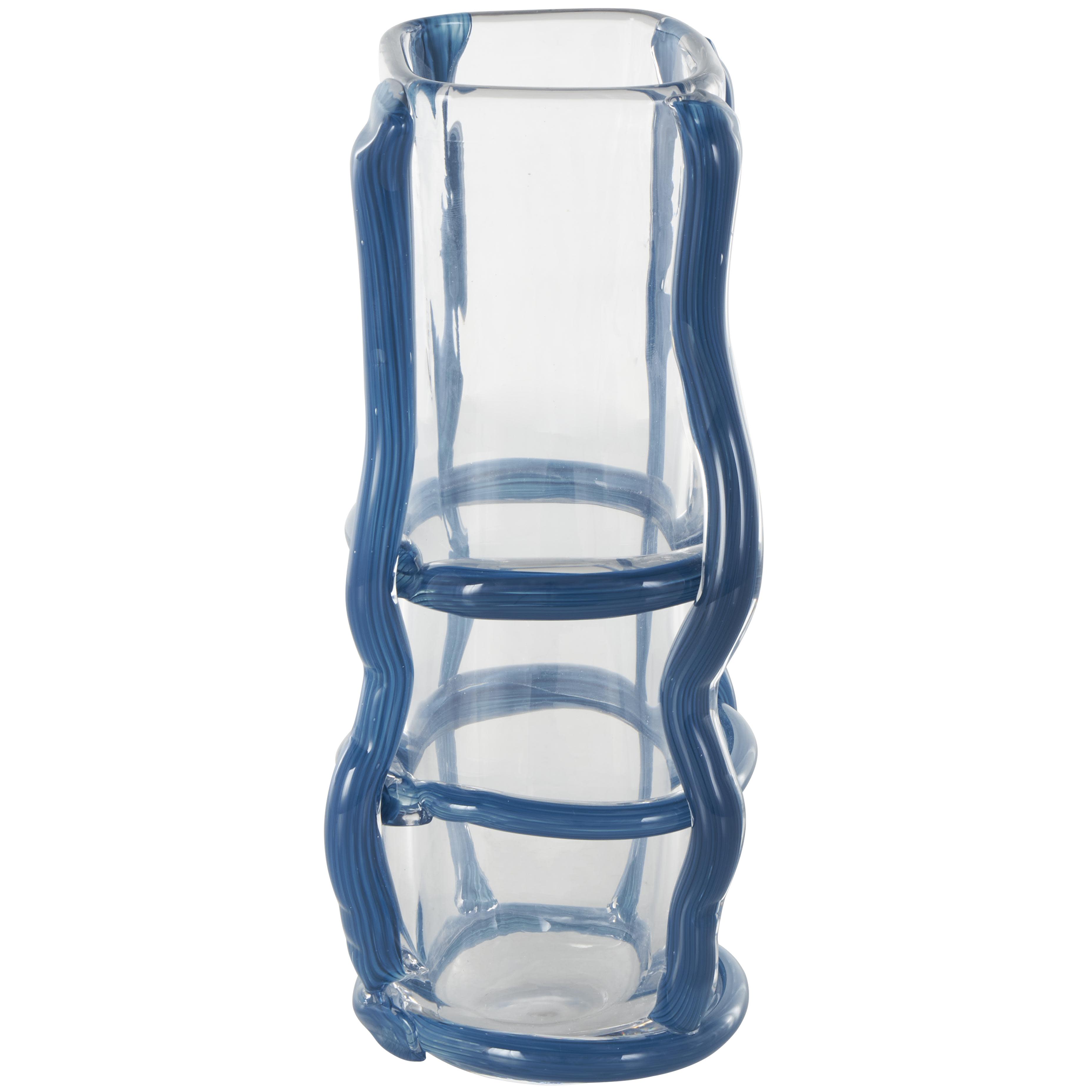 Blue Recycled Glass Abstract Handmade Slim Rectangular Decorative Vase with Wavy Framing, 5" x 5" x 12"