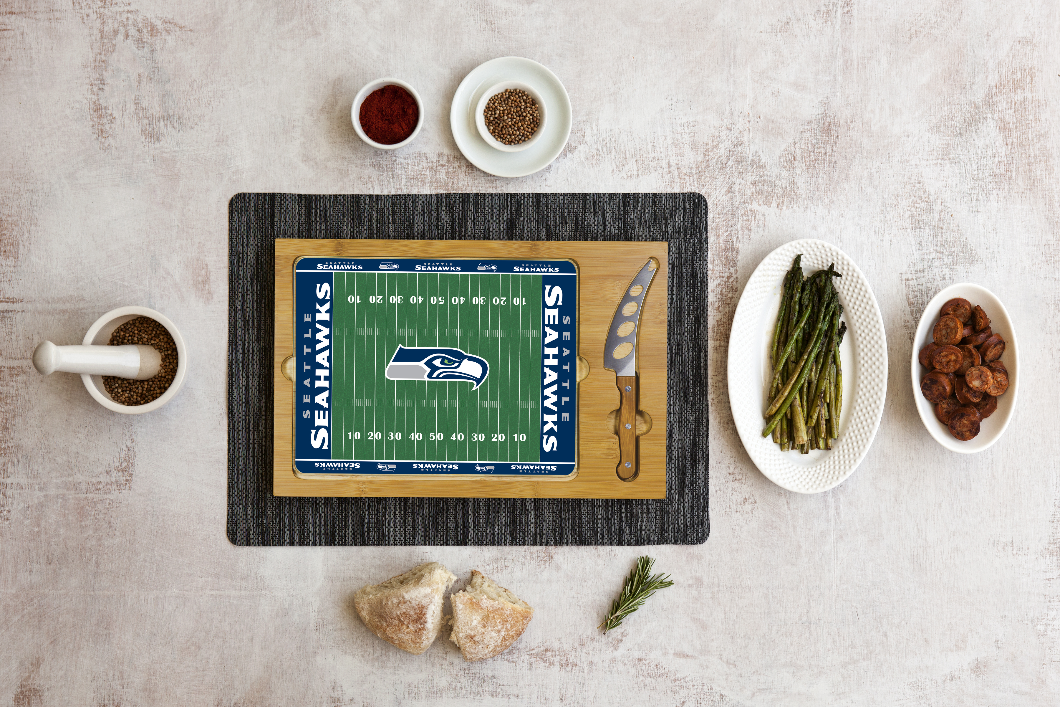 Seattle Seahawks Football Field - Icon Glass Top Cutting Board & Knife Set