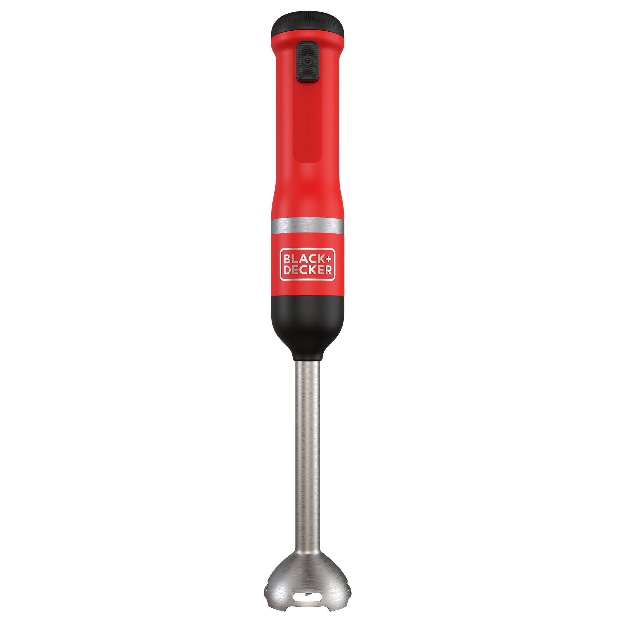 Front view of the red, BLACK+DECKER kitchen wand with immersion blender attached