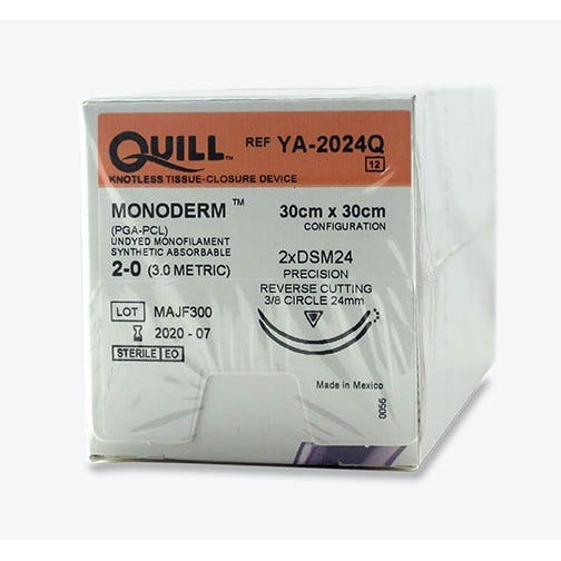 Quill™ Monoderm™ (PGA-PCL) Clear Monofilament Sutures, 2-0, 24mm 3/8 Circle - 30cm x 30cm -12/Box