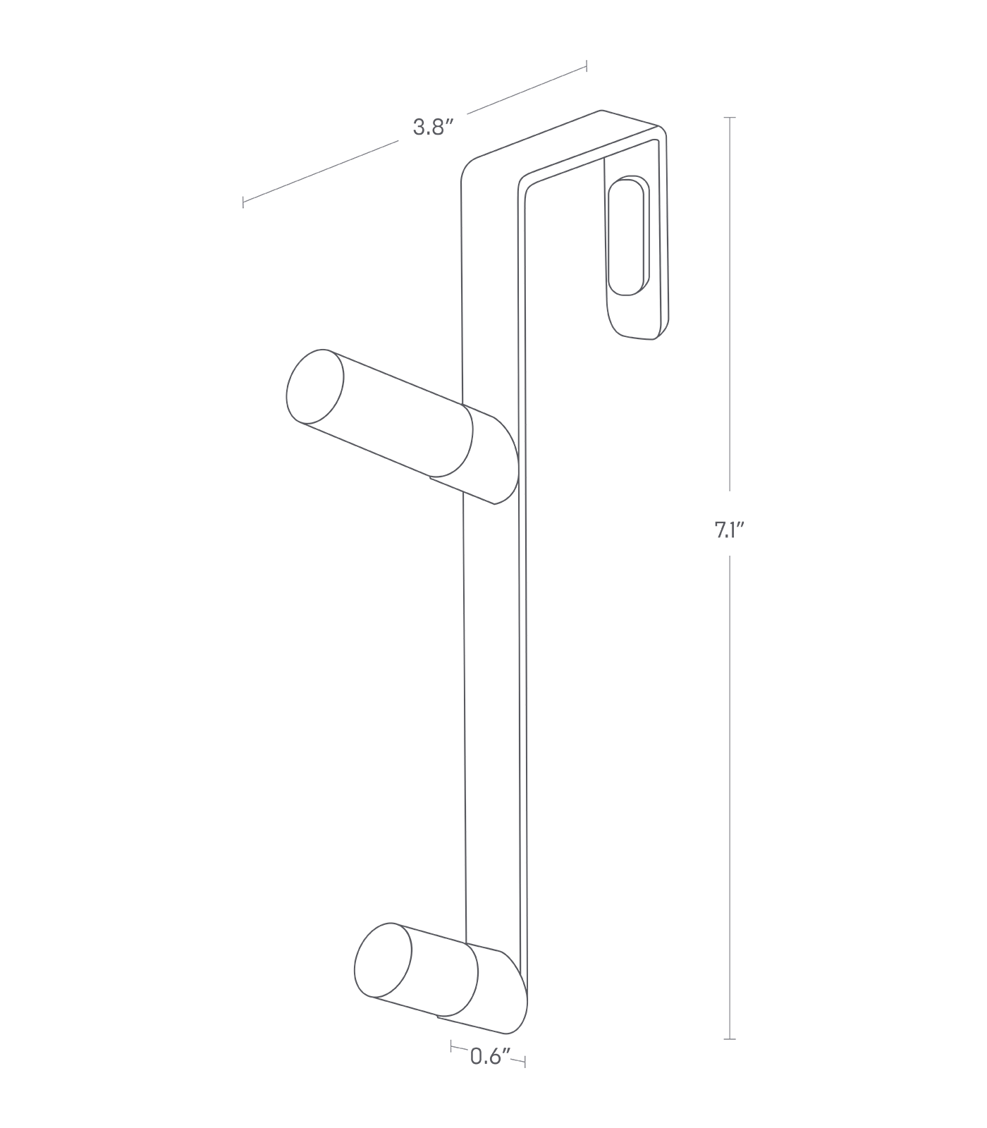 Dimenision image for Over-the-Door Hookon a white background showing total width of 0.6", length of 3.8", height of 7.1"