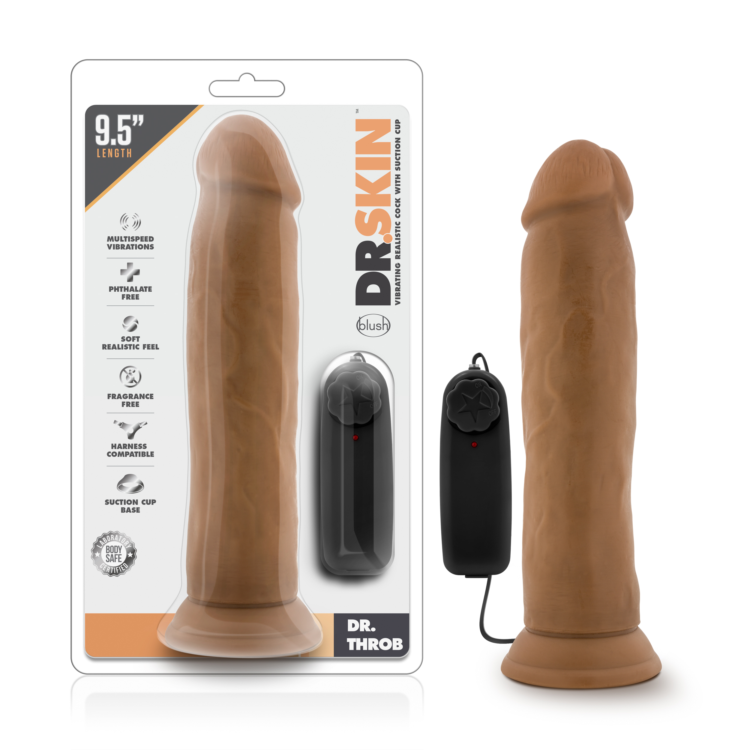 Blush Dr. Skin Dr. Throb Realistic Mocha 9.5-Inch Long Remote Control Vibrating Dildo With Suction Cup Base