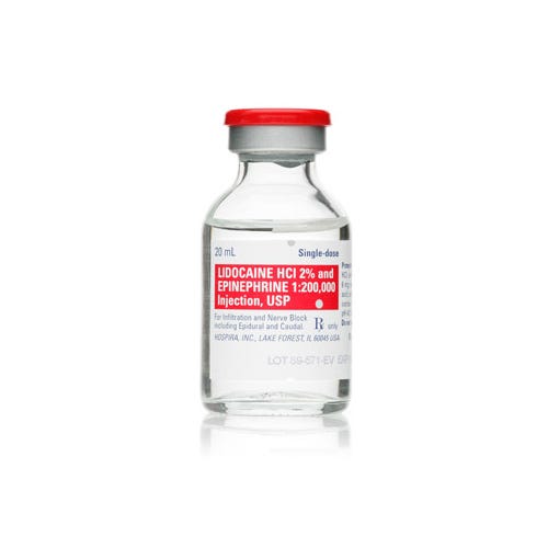 Lidocaine HCl 2% w/Epinephrine 1:200,000 20ml Single Dose Vial, - 5/Box
