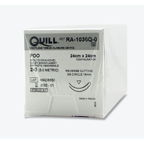 Quill PDO  Violet Monofilament Sutures, 2-0, 18mm 3/8 Circle, Reverse Cutting, 24cm x 24cm Barb Configuration -12/Box