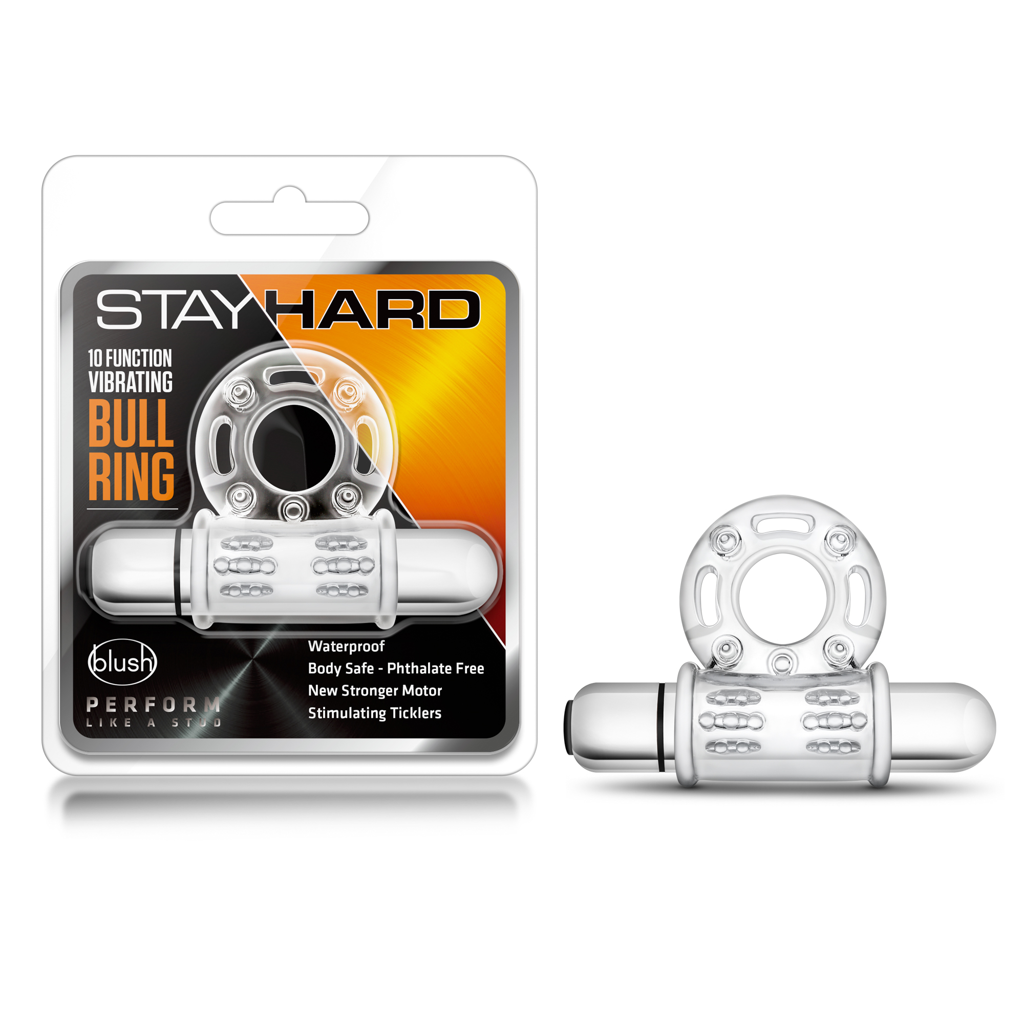 Blush Stay Hard / Bull Ring: 3-In-1 Clear 10-Function Vibrating Penis Ring