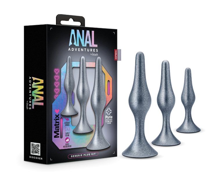 Blush Anal Adventures Matrix / The Genesis Plug Kit: 3 Progressing Smooth Tapered Butt Plug Kit in Stellar Silver / With Stayput? Technology & AnchorTech? Base