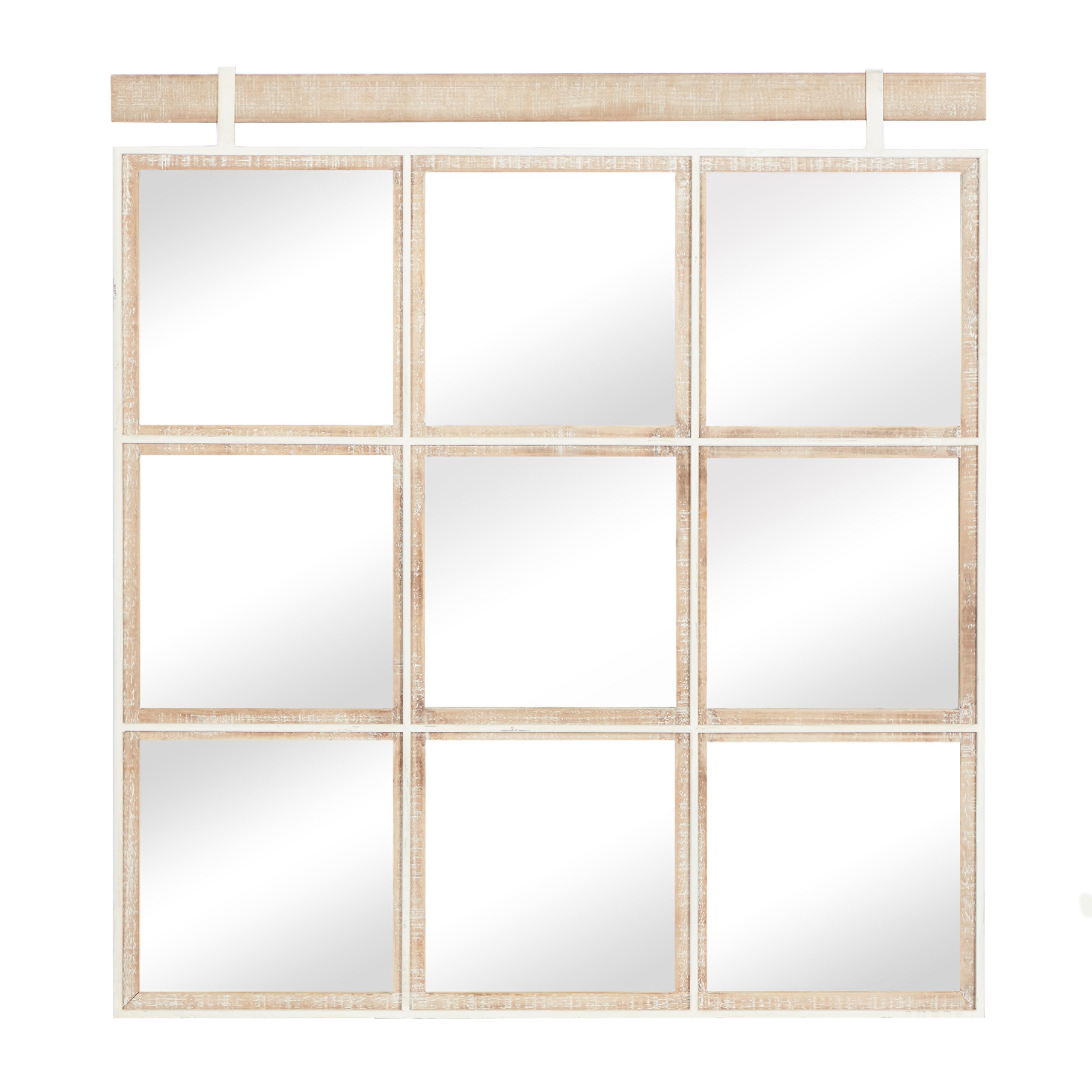 Brown Wood  Handmade Grid Window Inspired Wall Mirror, 32" x 1" x 35"
