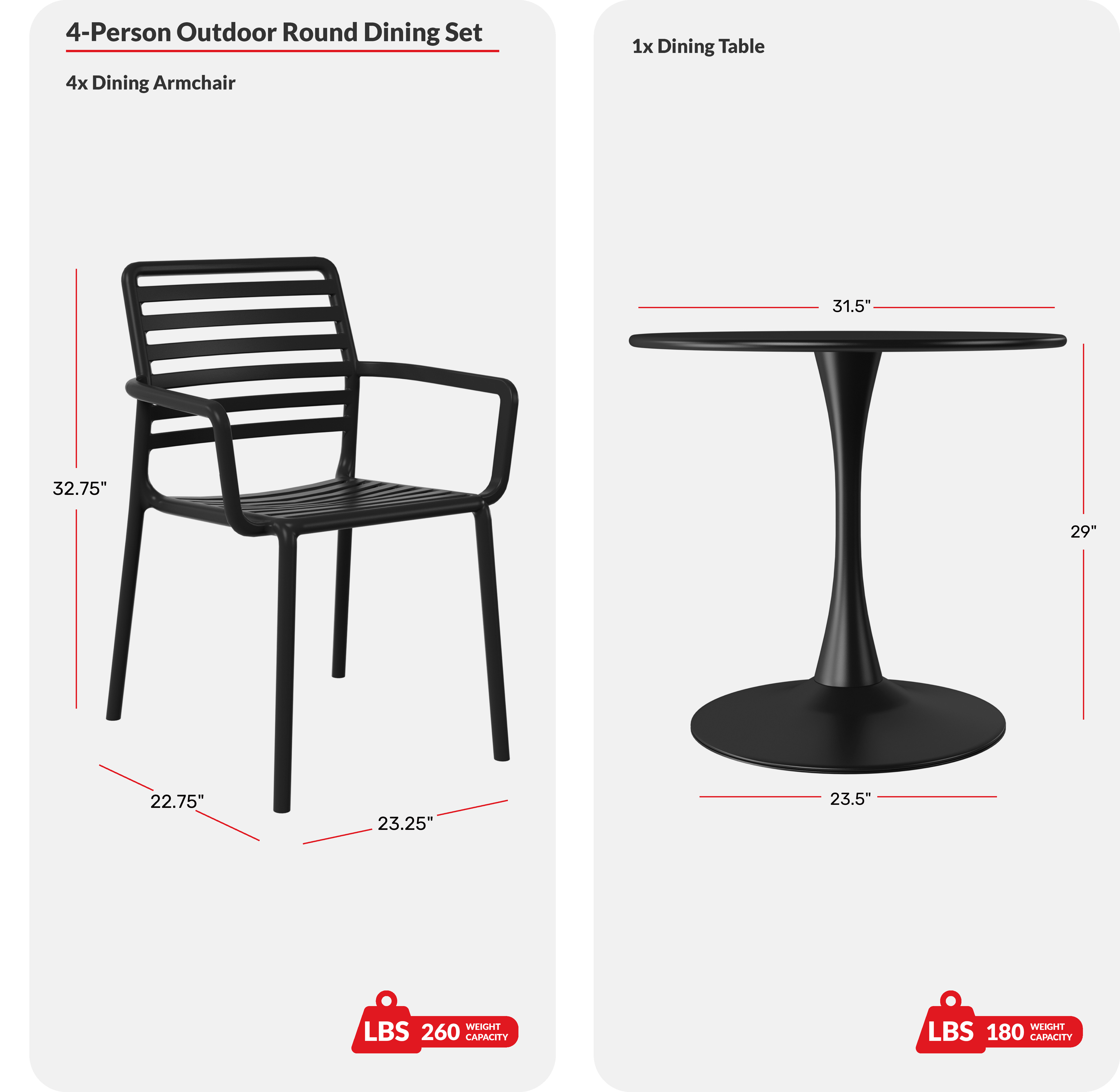 5-Piece Indoor Outdoor Metal Patio Dining Table Set With Stackable Plastic Patio Arm Chairs COS Spec Image