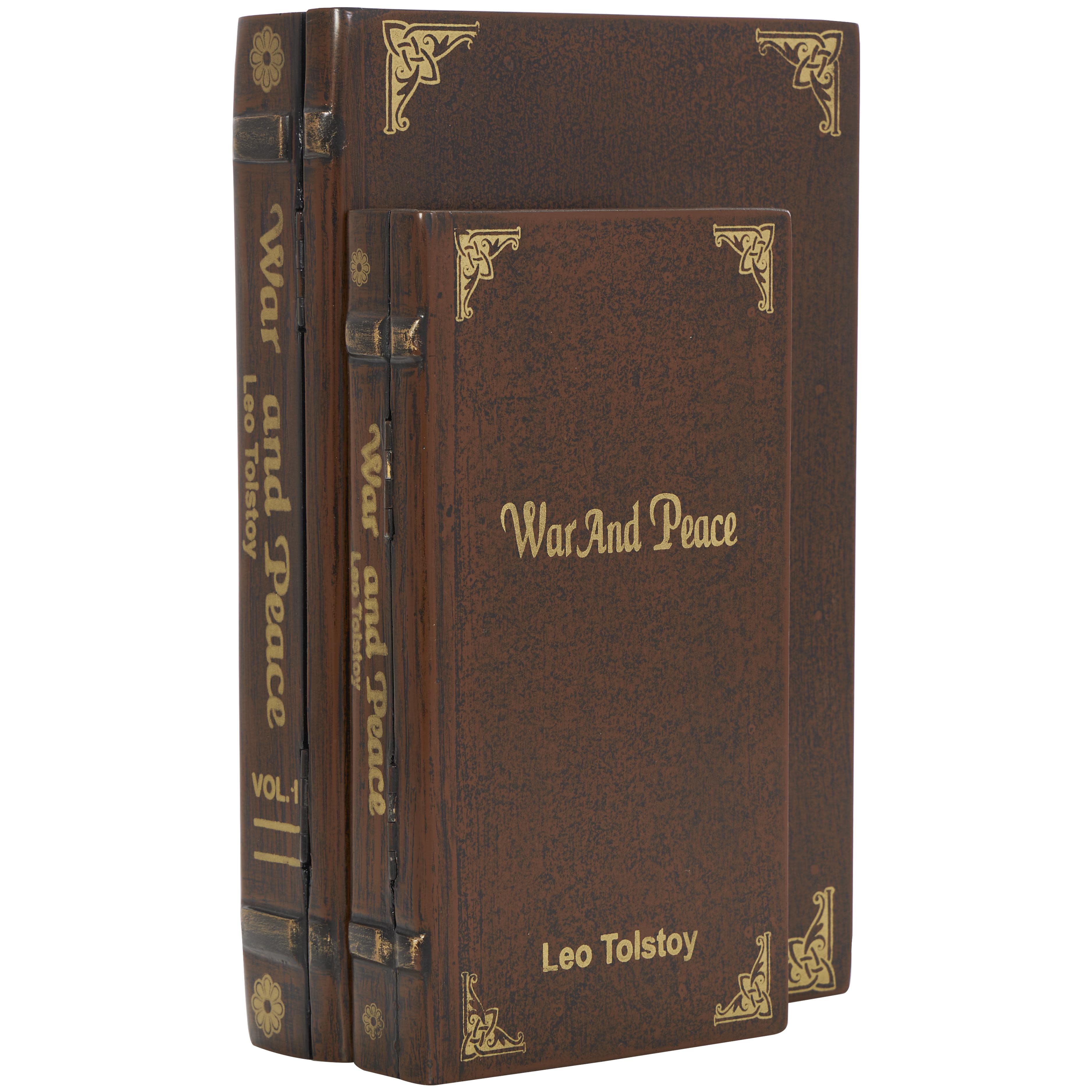 Brown Mango Wood  "War and Peace" Faux Book Storage Decorative Box with Gold Accents, Set of 2 11", 9"W