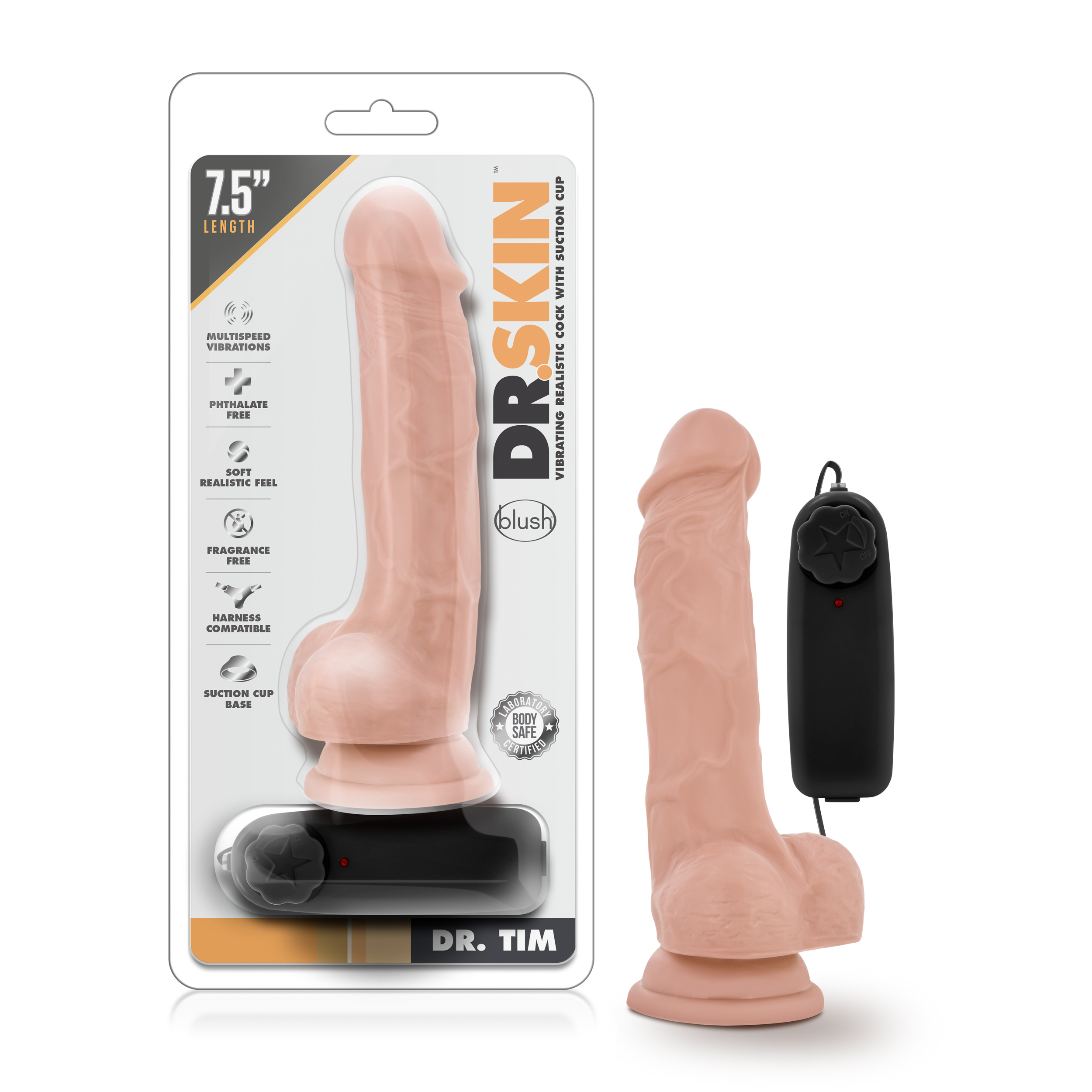 Blush Dr. Skin Dr. Tim Realistic Vanilla 7.5-Inch Long Remote Control Vibrating Dildo With Suction Cup Base