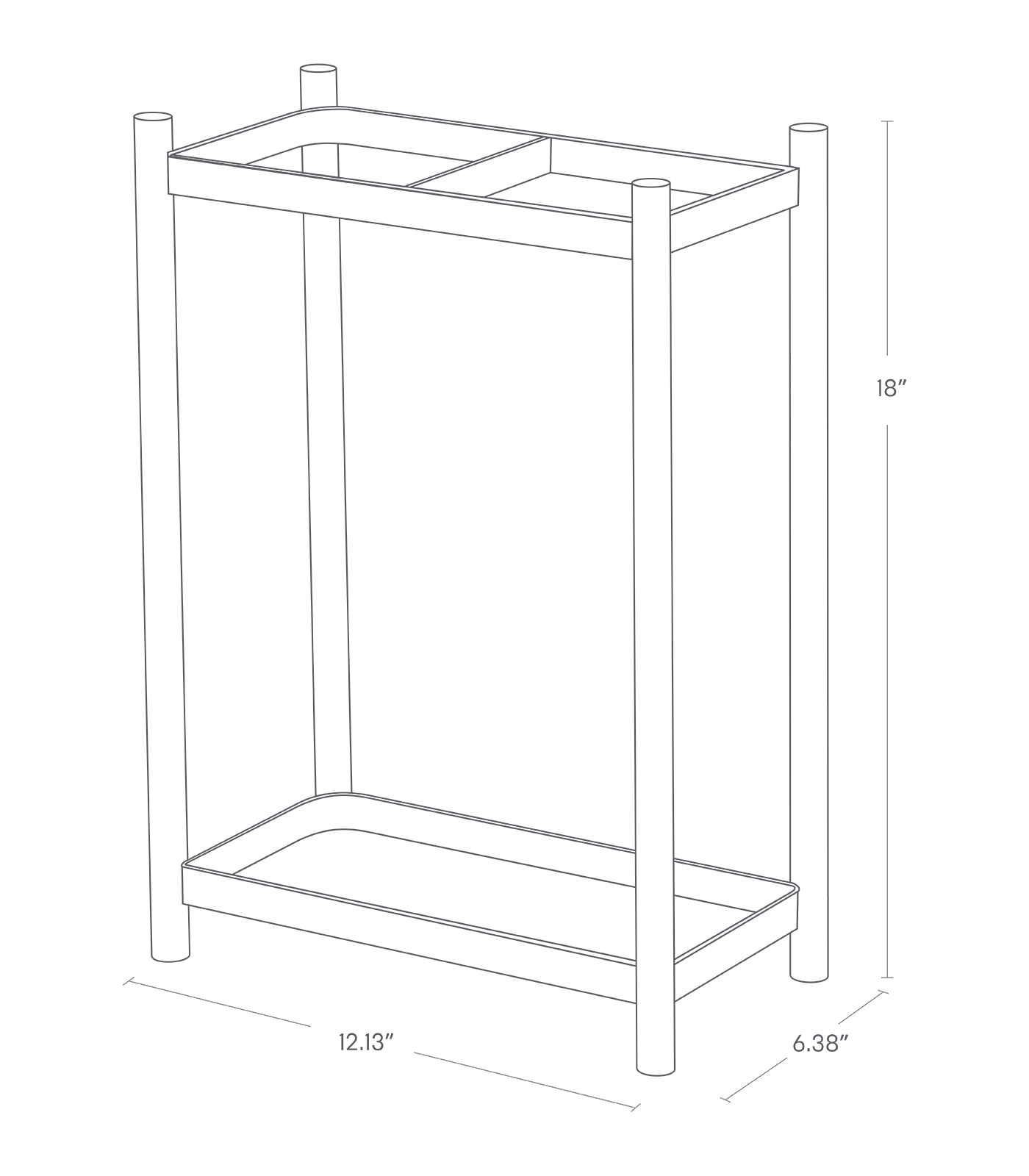 Dimension Image for Umrella Stand on a white background showing a height of 18", width of 12.13", and length of 6.38".