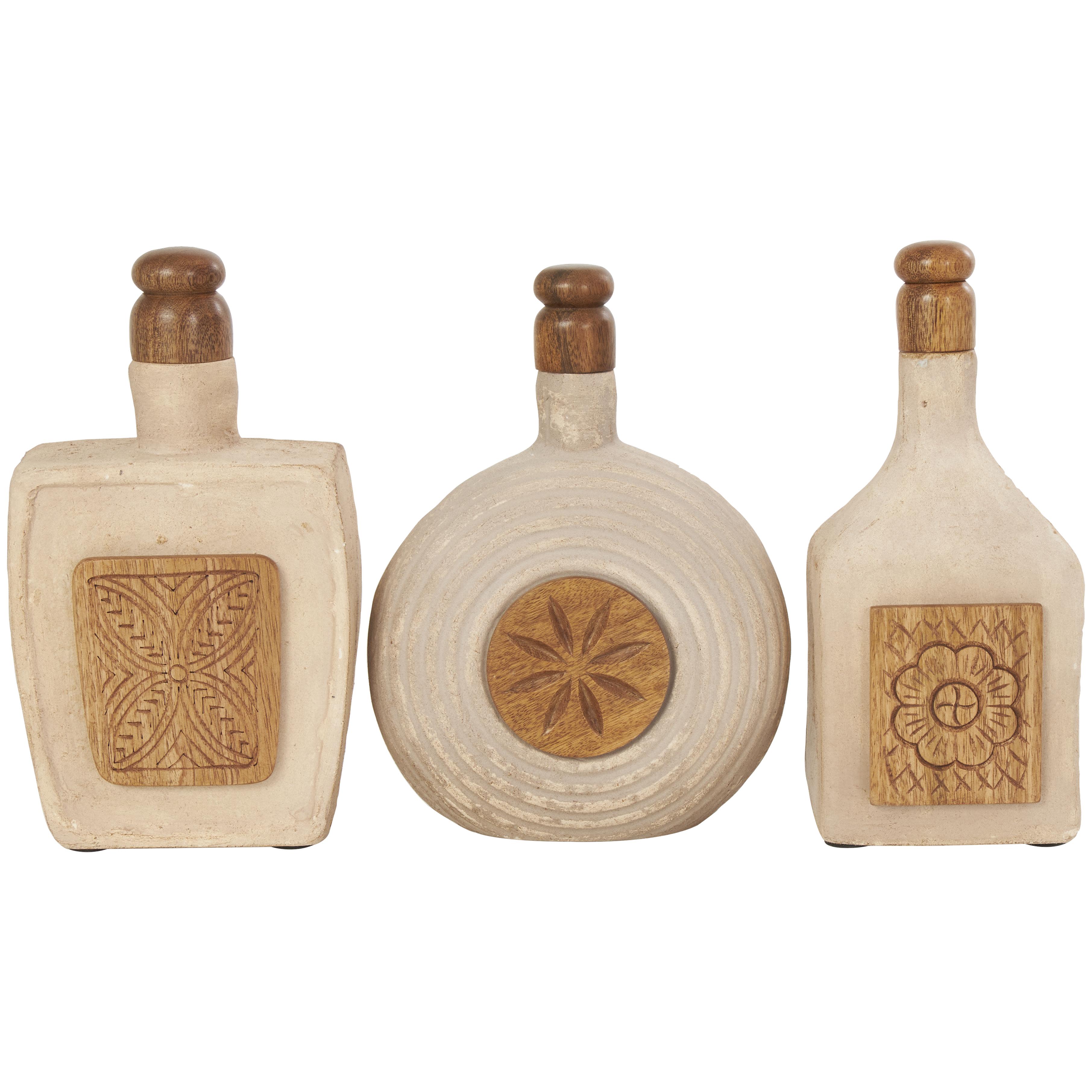 Brown Paper Mache Floral Living Room Decorative Jars with Varying Shapes and Carved Wood Etchings, Set of 3 6"W, 11"H