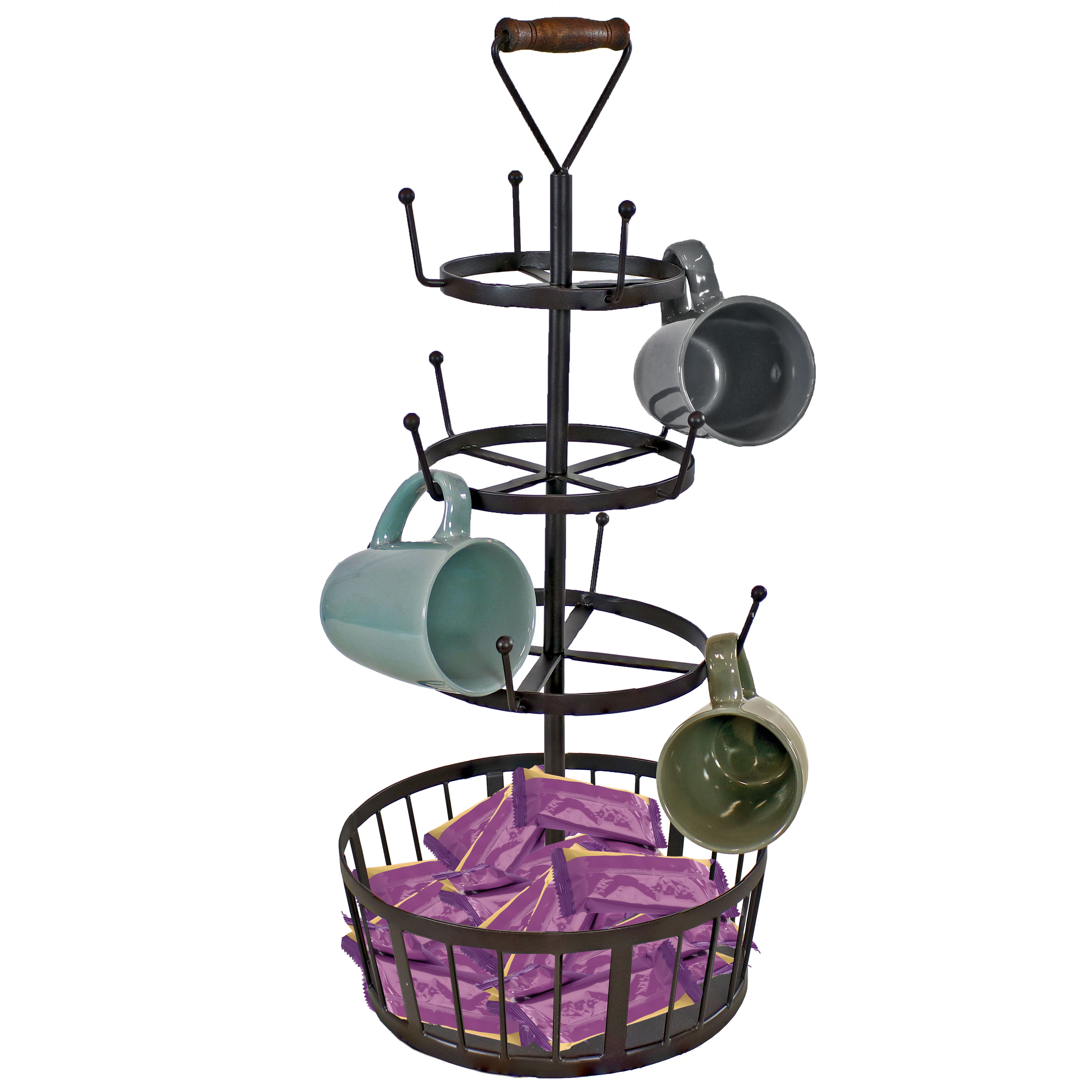 4-Tier Iron Coffee Mug Holder with 12 Hooks - Dark Brown