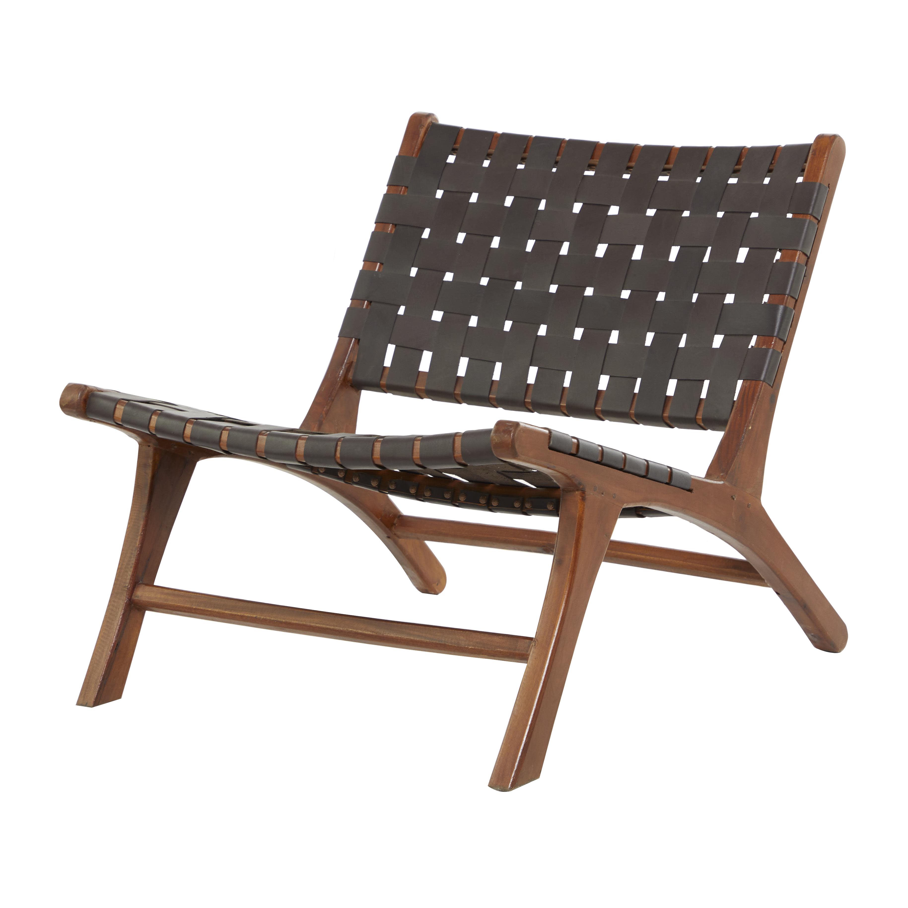 Brown Wood  Handmade Woven Leather Seat and Back Living Room Accent Chair,