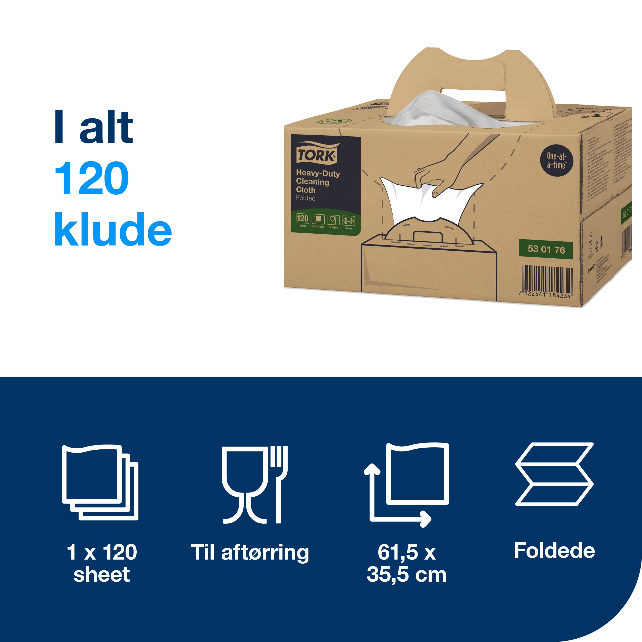 Aftørringsklud, Industri, 1 lag, 120 klude, Tork Kraftig W7