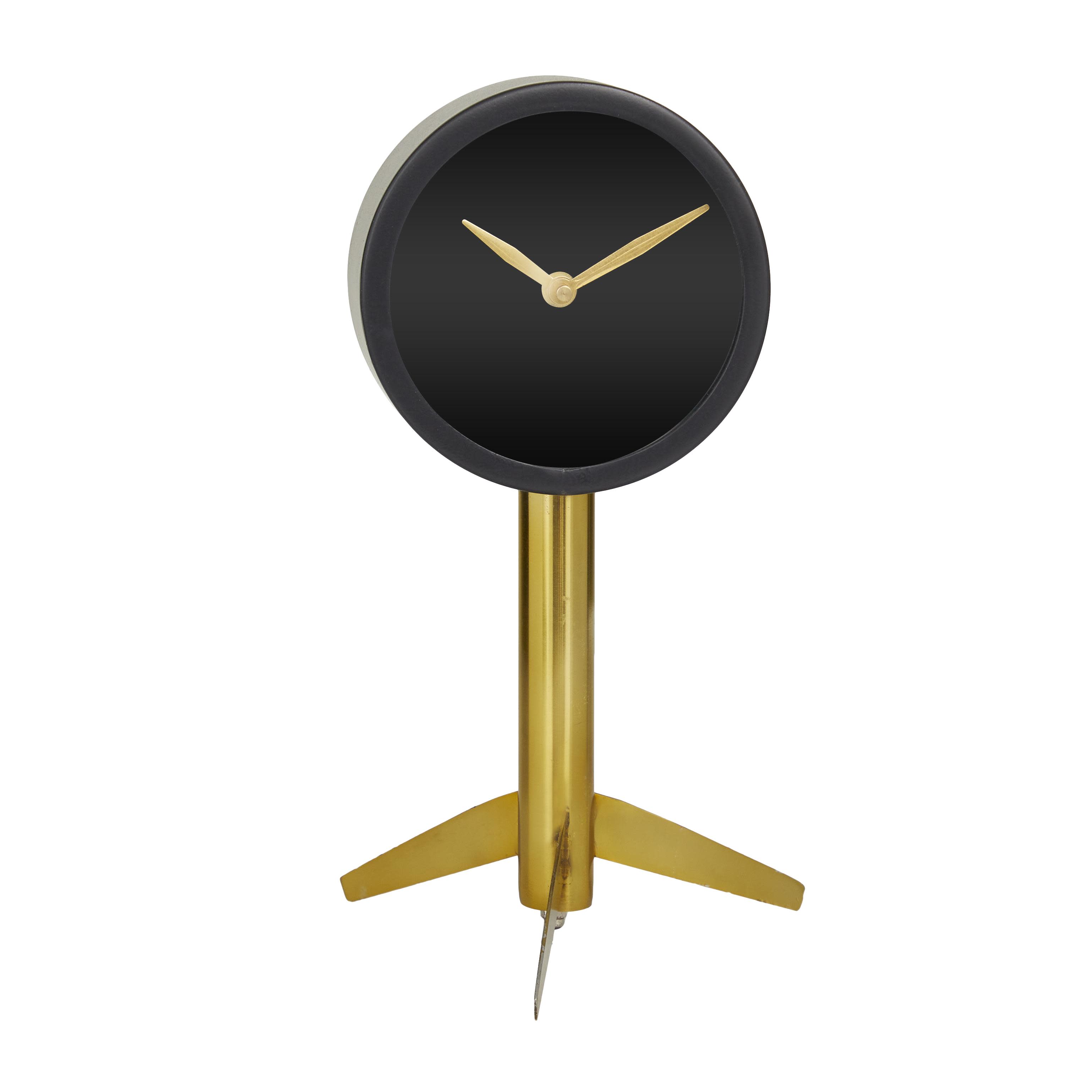 The Novogratz Black Stainless Steel Metal  Decorative Clock with Gold Stand, 6" x 6" x 11"