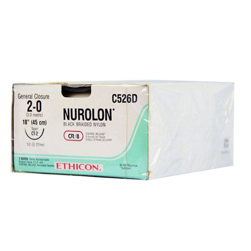 NUROLON™ Nylon Black Braided Suture, 2-0, CT-2, Taper Point, 8-18" - 12/Box