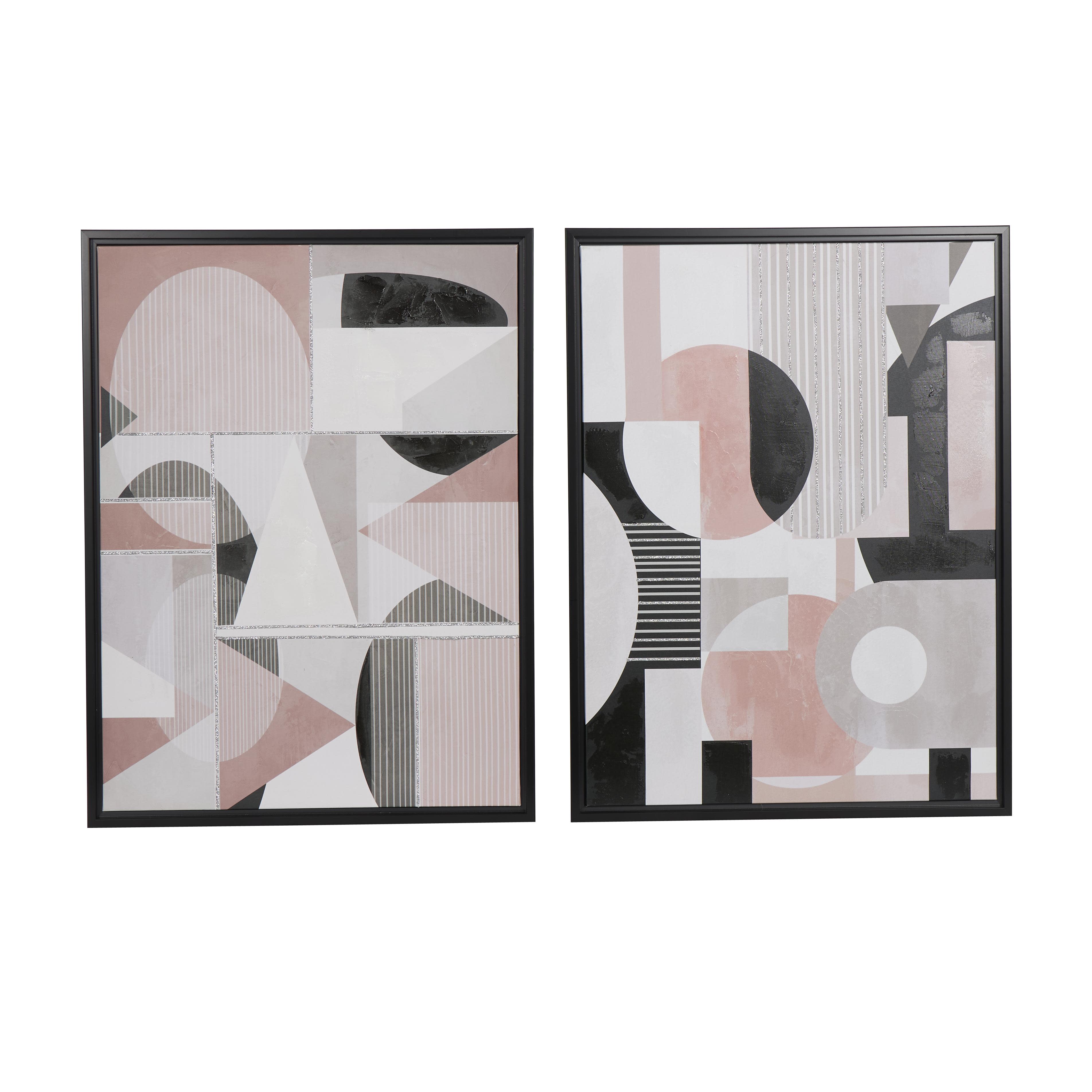 The Novogratz Cream Canvas Abstract Mid Century Modern Geometric Living Room Framed Wall Art with Black Frames, Set of 2 24"W, 32"H