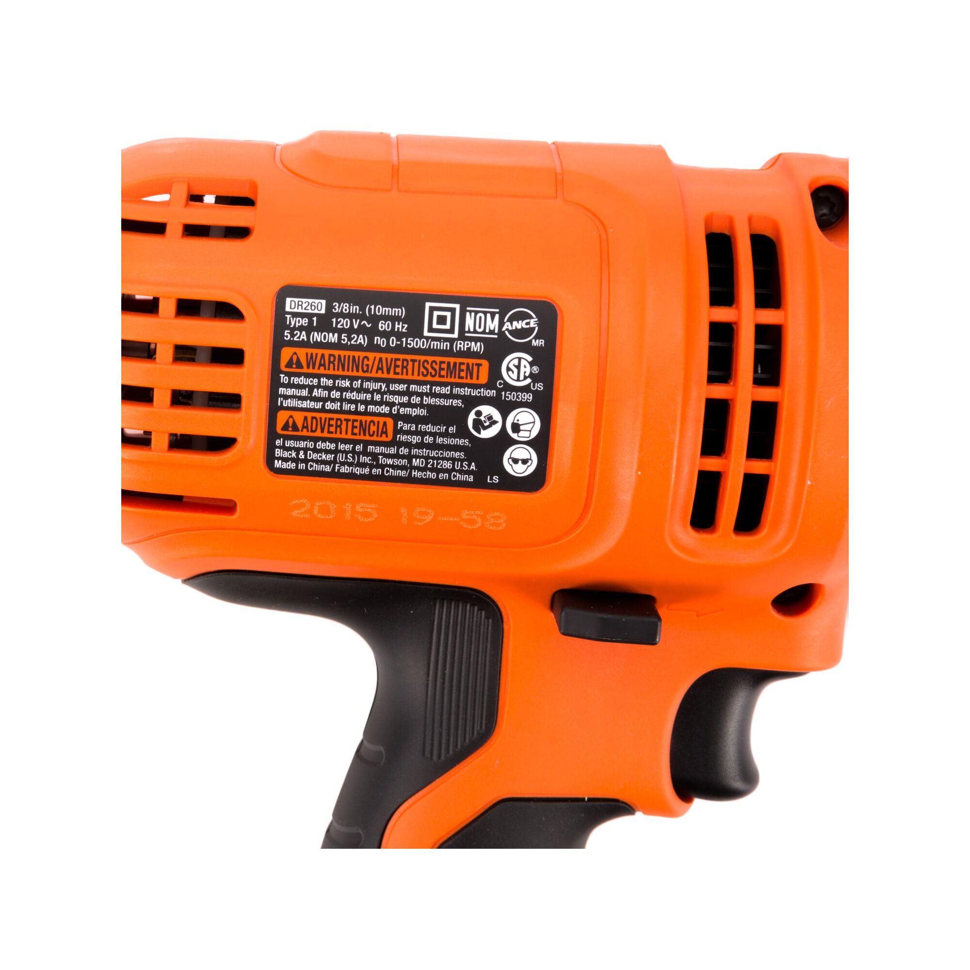 Close up of the side of the BLACK+DECKER electric 5.5 amp drill