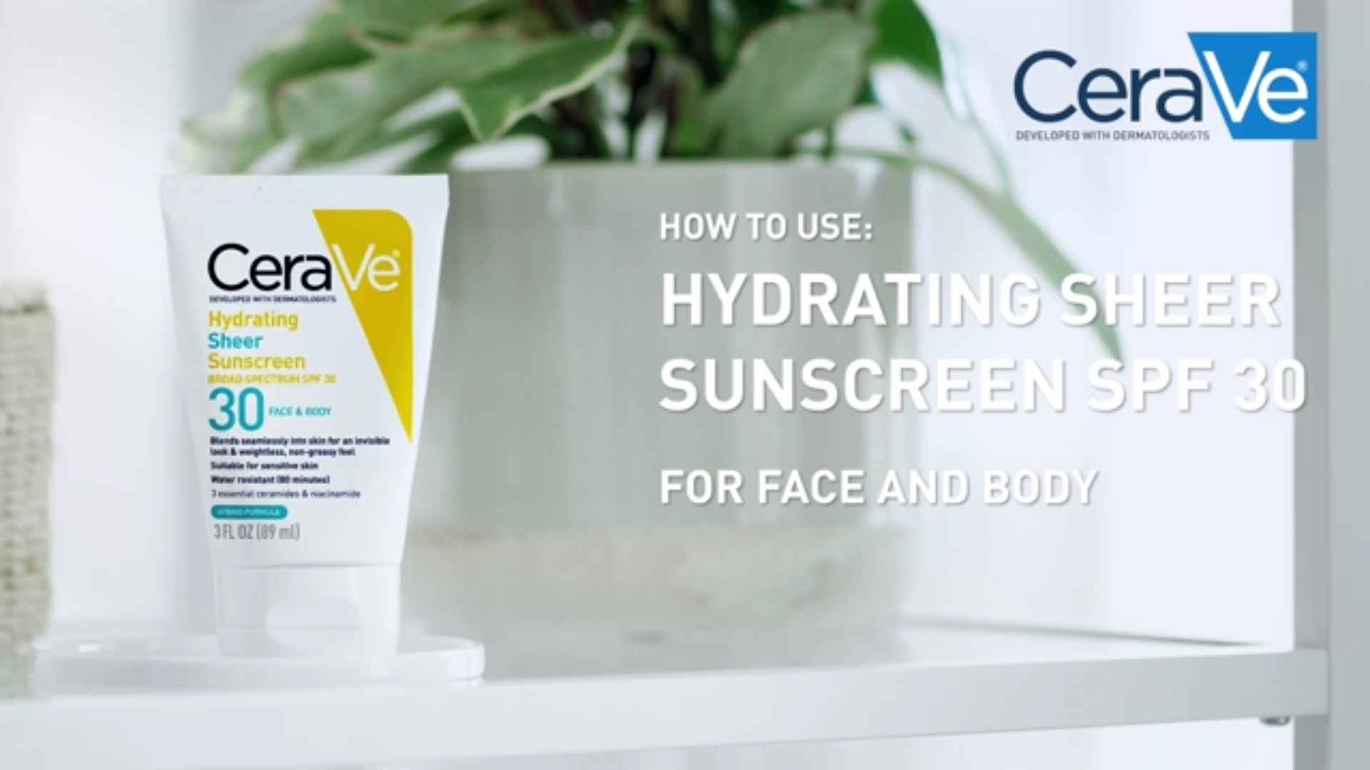 thumbnail video image 3 of CeraVe Hydrating Sheer Face & Body Sunscreen Lotion SPF 30 for All Skin Types, 3 fl oz, 3 of 10