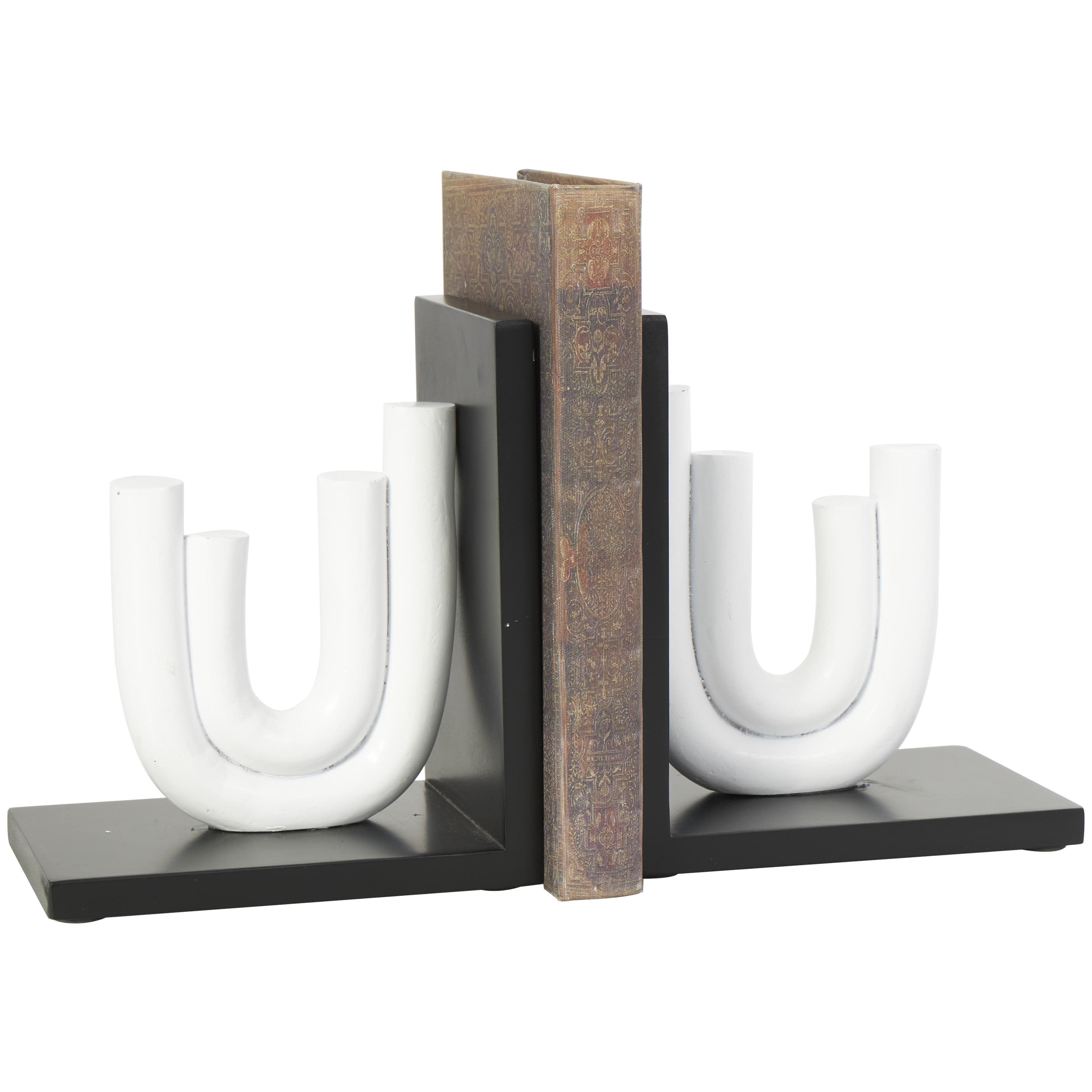 CosmoLiving by Cosmopolitan White Wooden Abstract Layered U-Shaped Decorative Bookends with Black Stands, Set of 2 6"W, 7"H