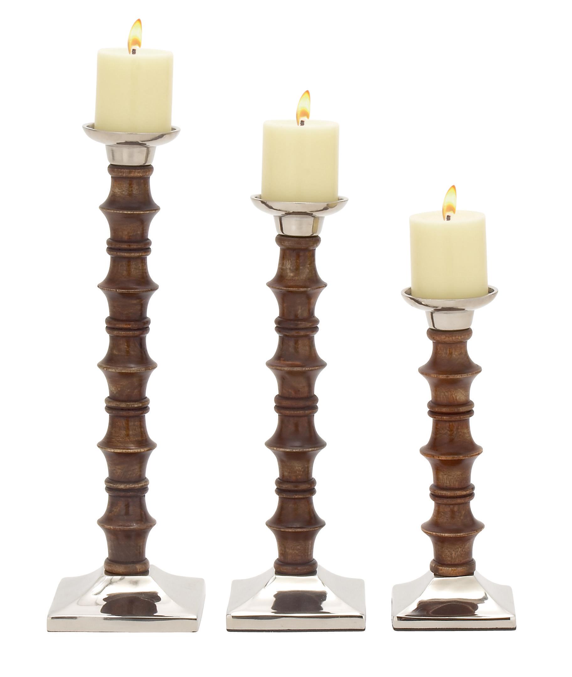 Brown Mango Wood  Candle Holder, Set of 3 12", 15", 18"H