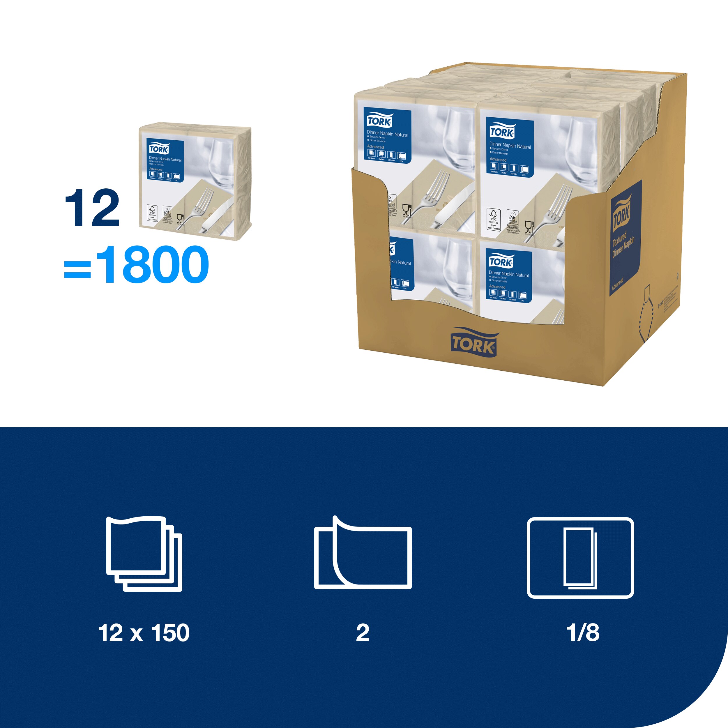 Servietter, 2 lag, Natur, 40x40 cm, 1800 stk, Tork Advanced