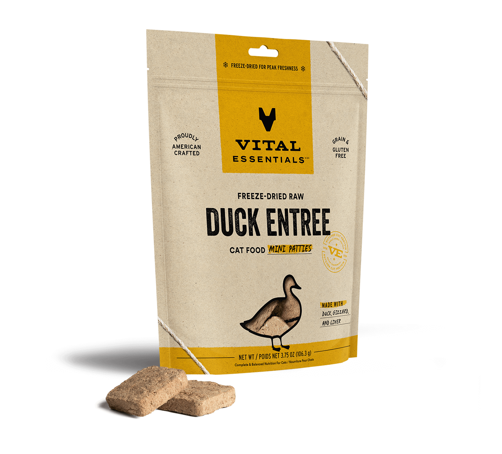 Vital Essentials Freeze-Dried Raw Duck Entree Cat Food Mini Patties, 3.75 oz - Healing/First Aid