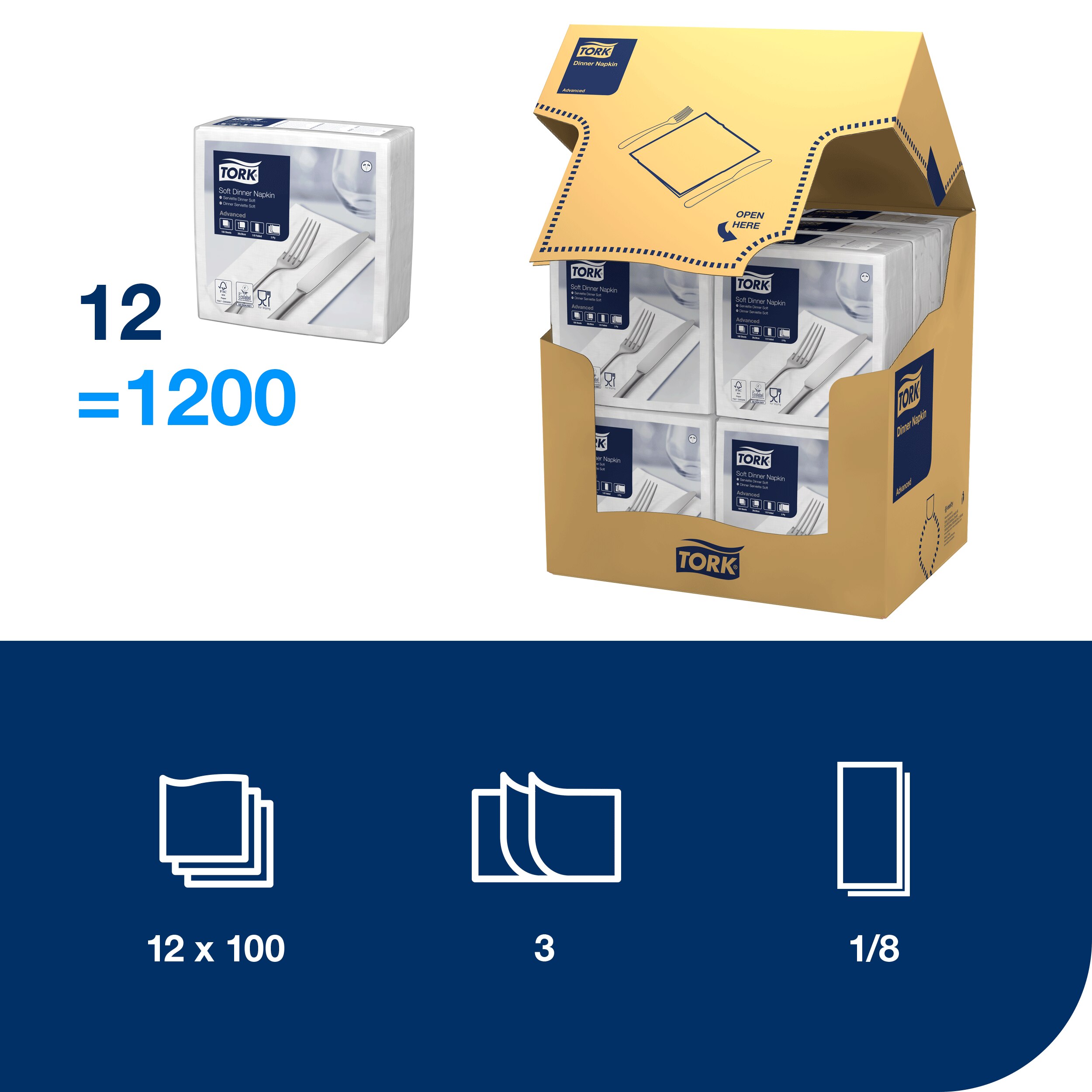 Servietter, 3 lag, Hvid, 40x40 cm, 1200 stk, Tork Advanced