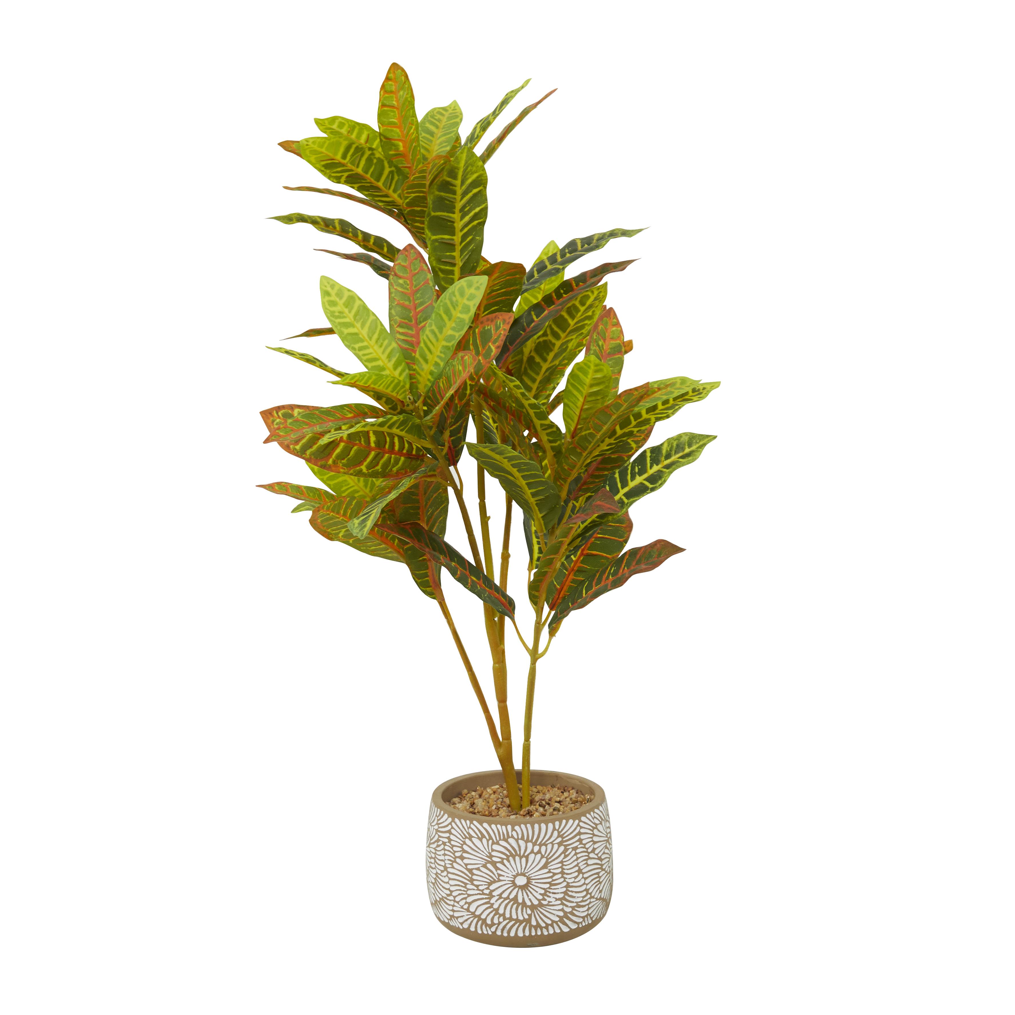 Green Faux Foliage Crotons Indoor Outdoor Artificial Plant with Realistic Leaves and Floral Patterned Pot, 16" x 18" x 30"