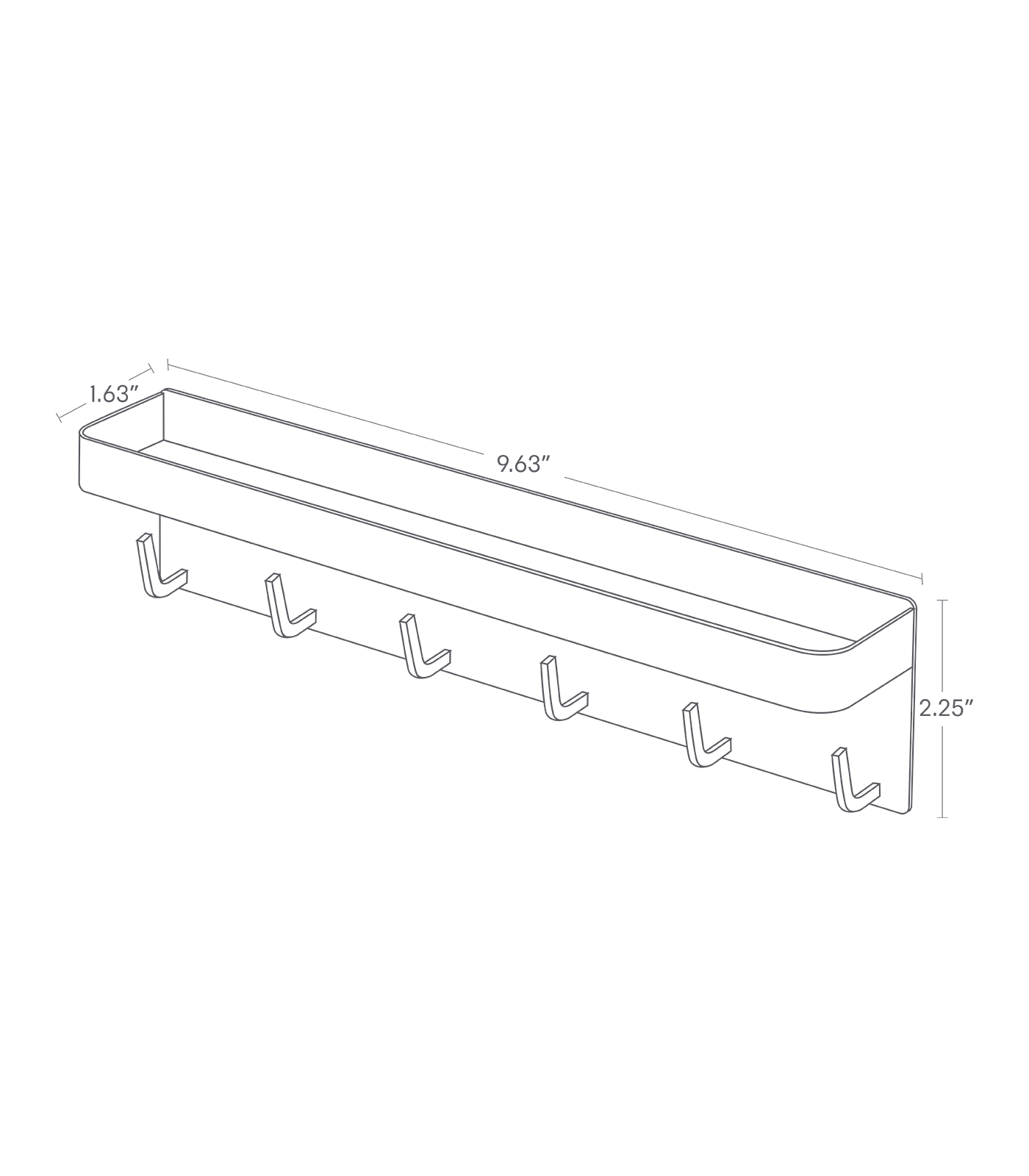 Dimension Image for Magnetic Key Rack on a white background showing height of 2.25", width of 9.63", and length of 1.63".