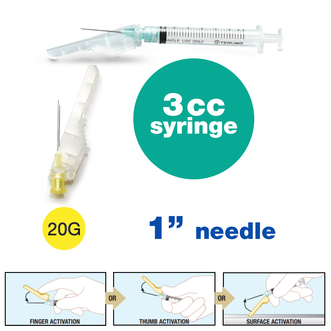 SurGuard® 3 Safety Hypodermic Needle, 3CC Syringe with 20G x 1" Needle - 100/Box