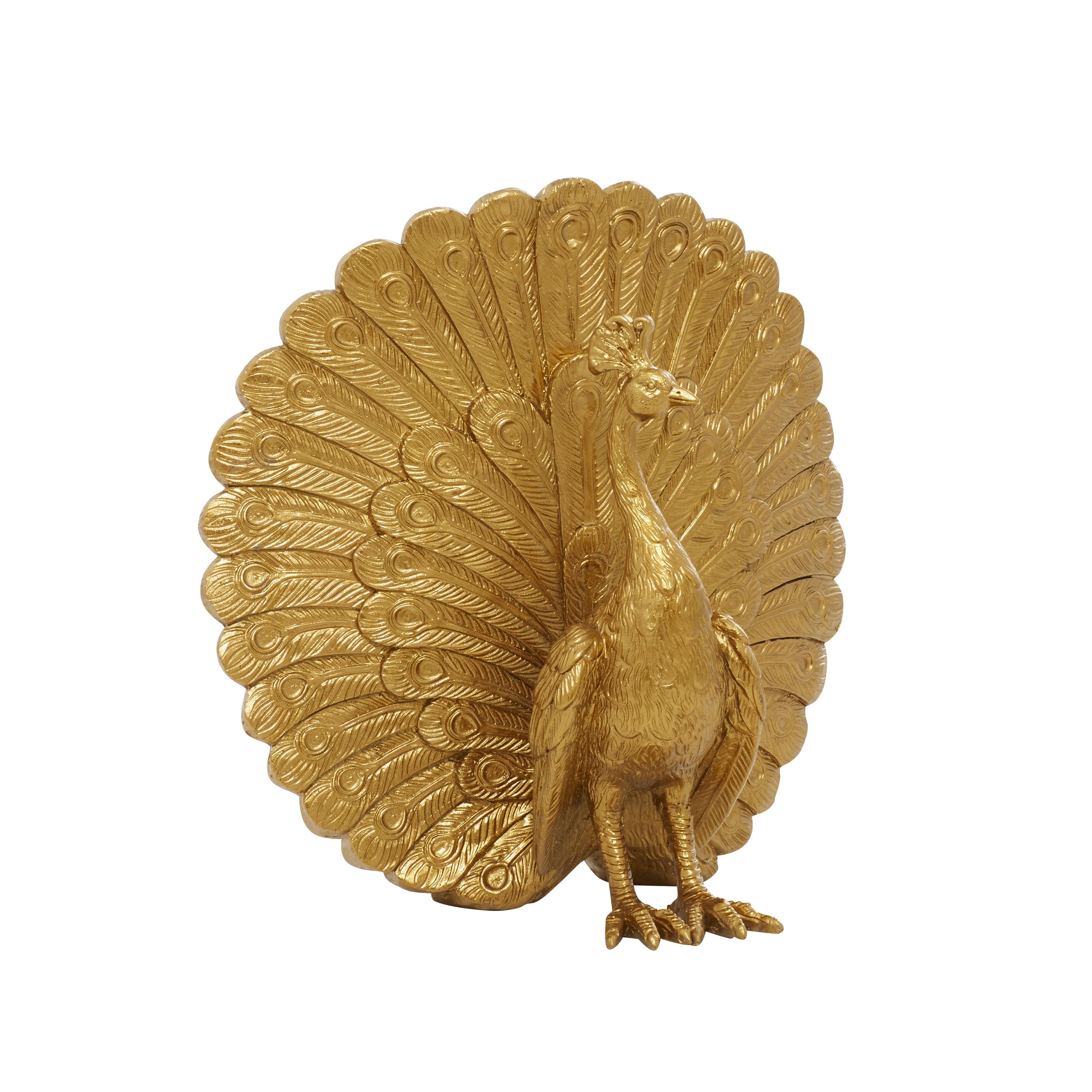 Gold Polystone Peacock Handmade Decorative Sculpture, 12" x 7" x 12"