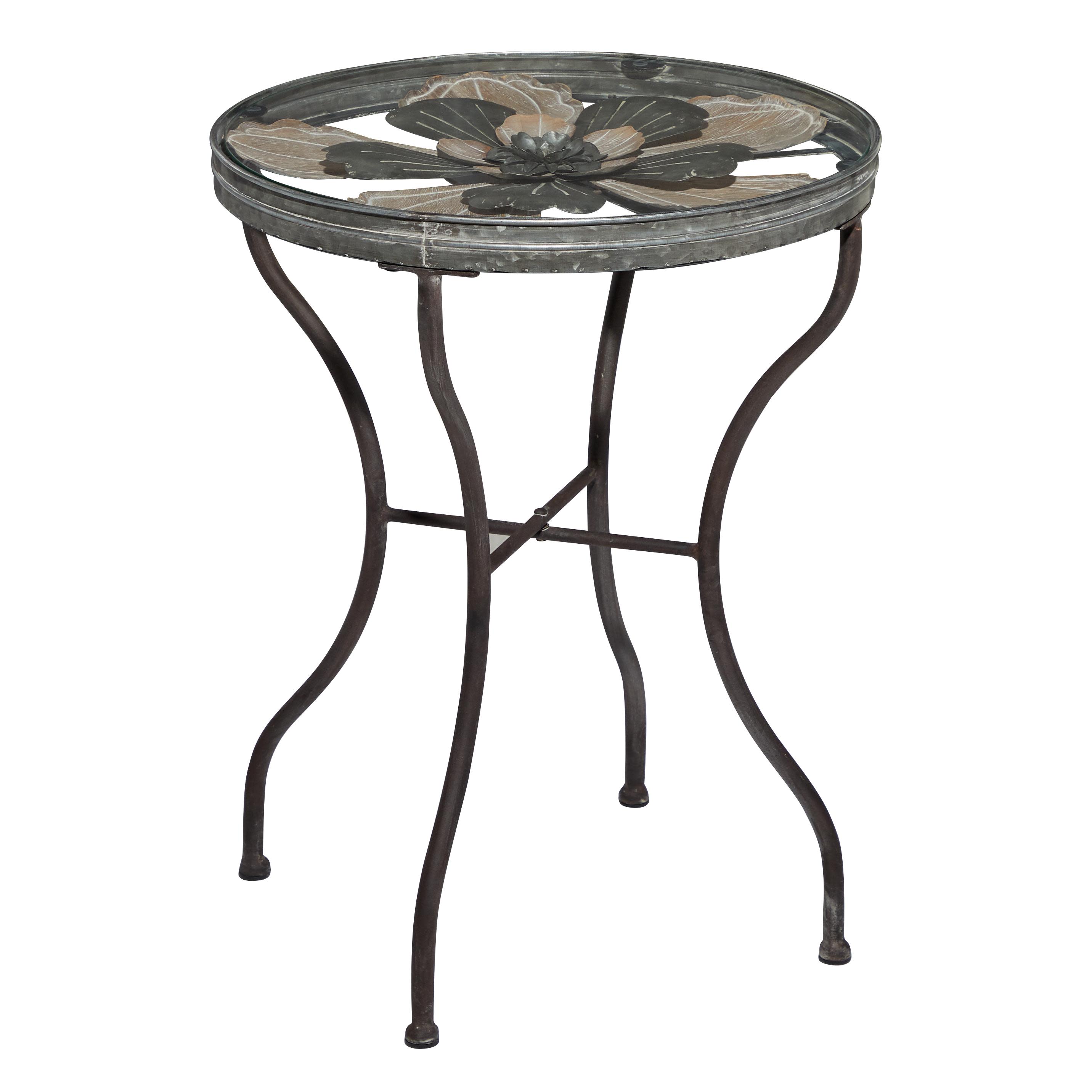 Silver Metal Floral Accent Table with Clear Glass Top, 17" x 17" x 24"