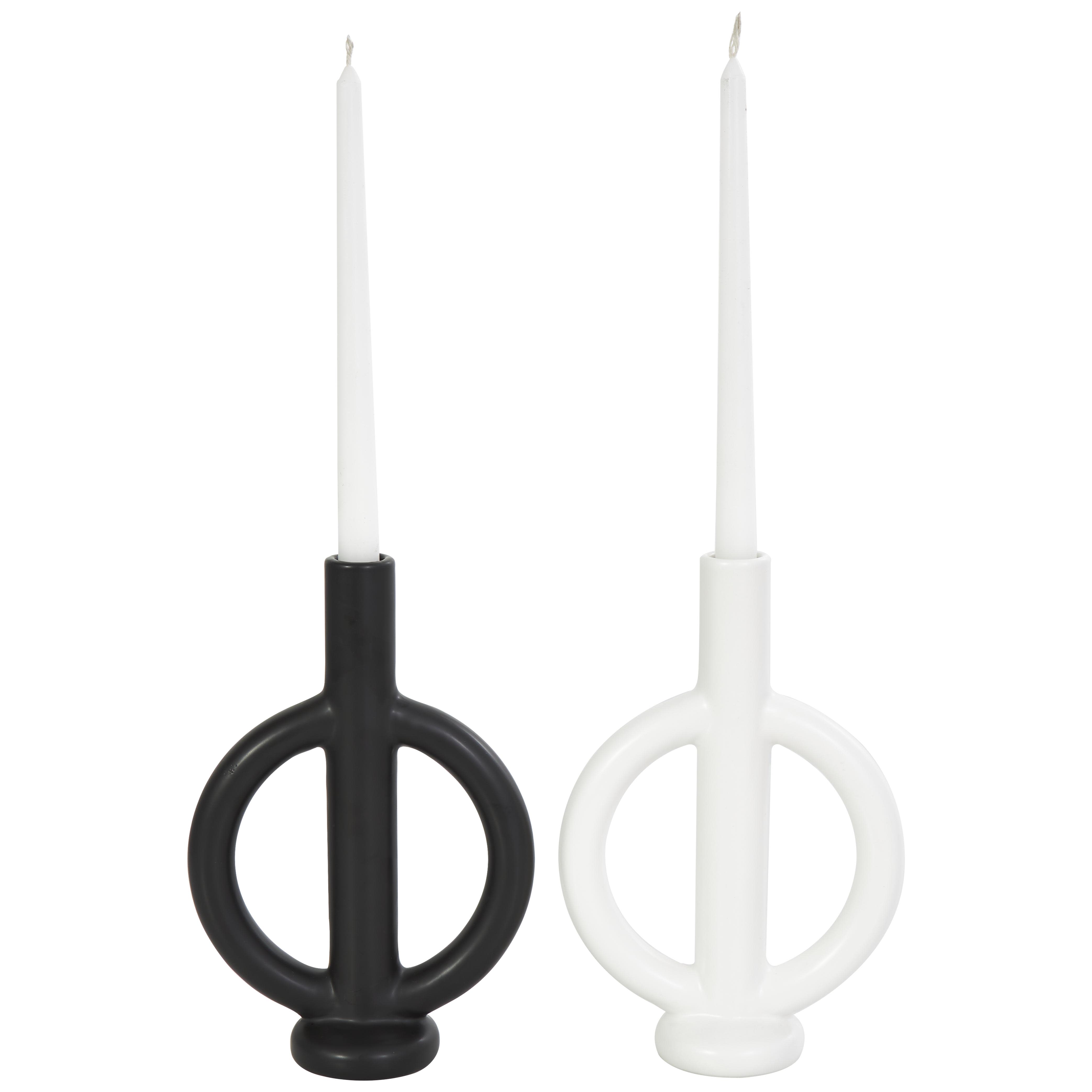 cosmoliving by cosmopolitan black ceramic geometric ring decorative candle holder, set of 2 7"w, 10"h