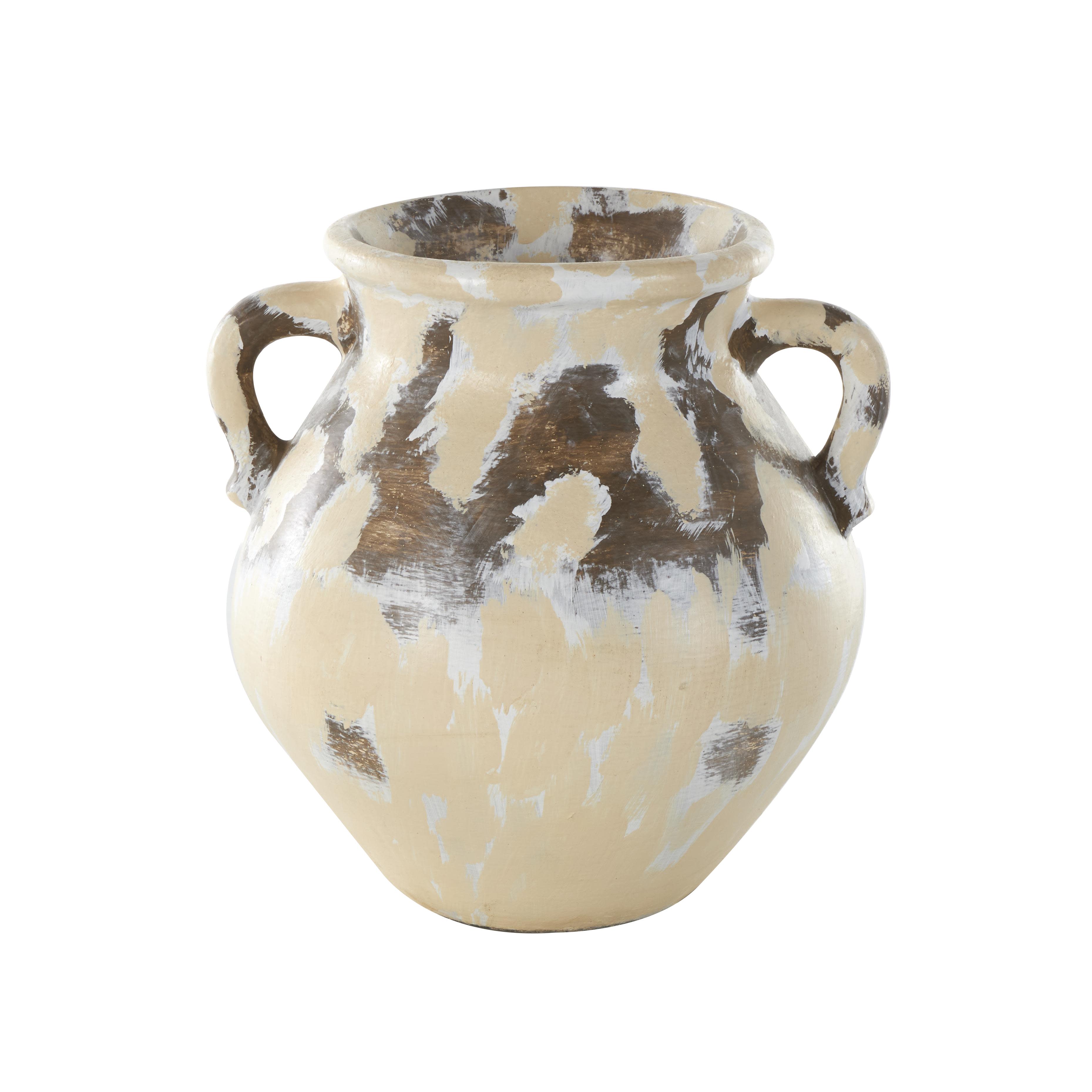 Cream Ceramic  Antique Style Pot Decorative Vase with Curved Handles, 13" x 12" x 13"