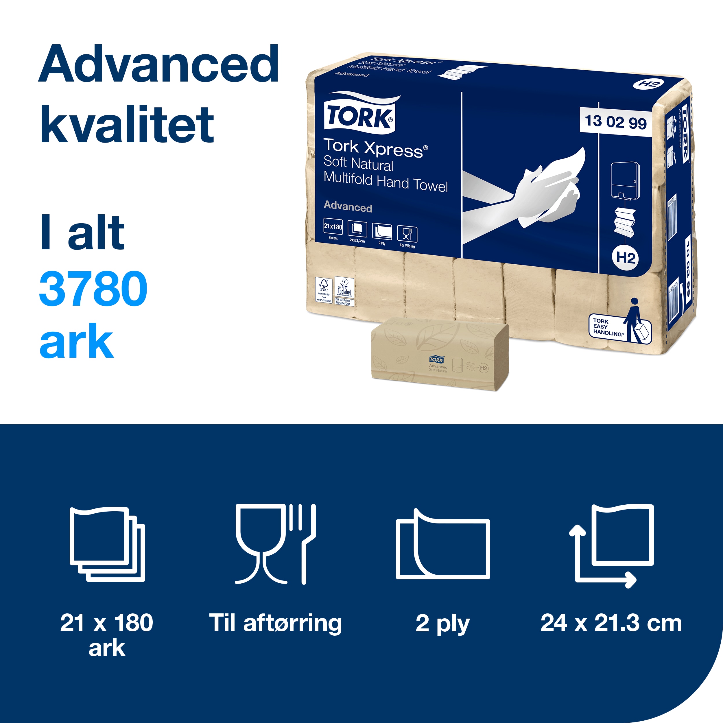 Håndklædeark, 2 lag, M-fold, 3780 ark, Tork Xpress H2