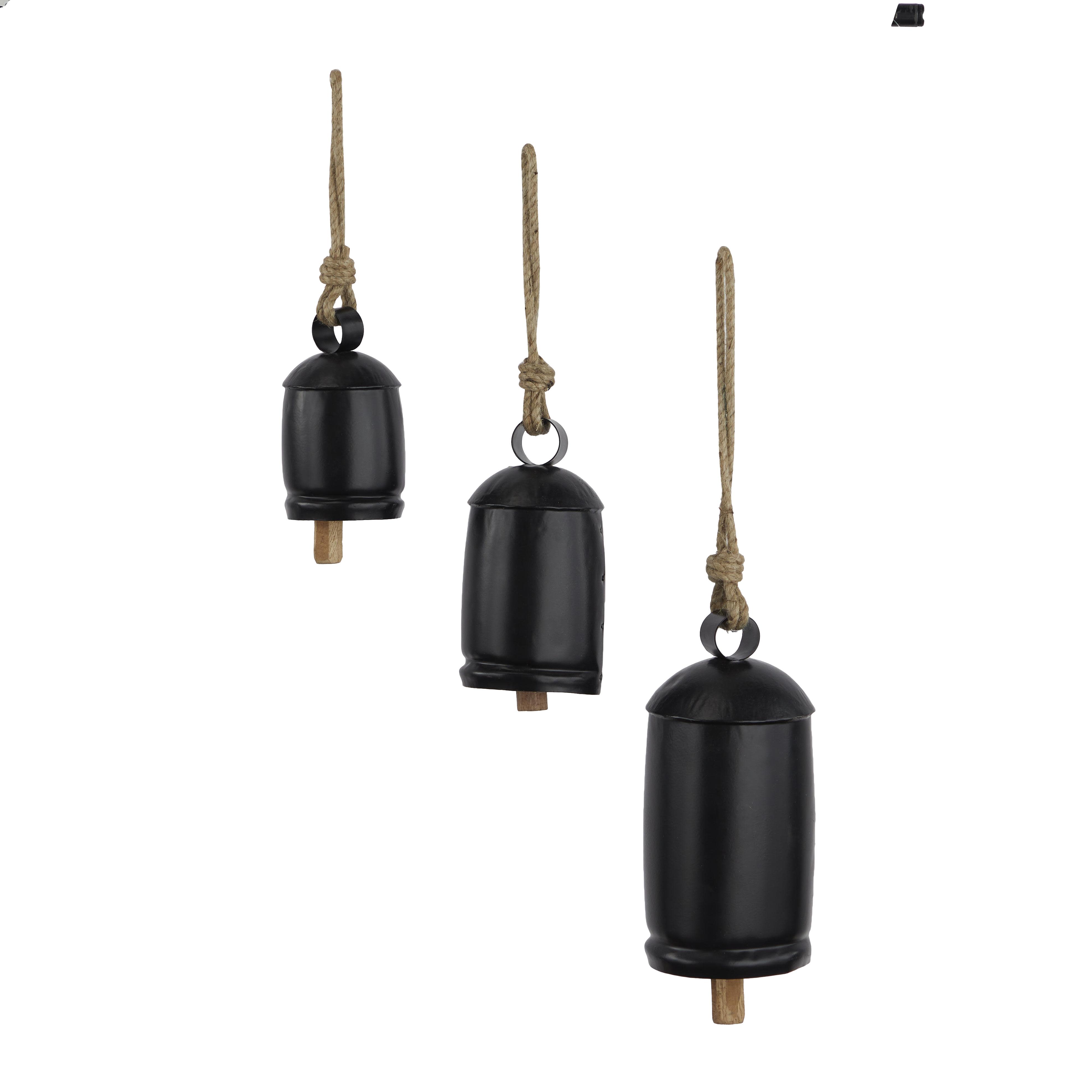 Black Metal  Tibetan Inspired Indoor Outdoor Decorative Cow Bells with Jute Hanging Rope, Set of 3 10",8",6"H