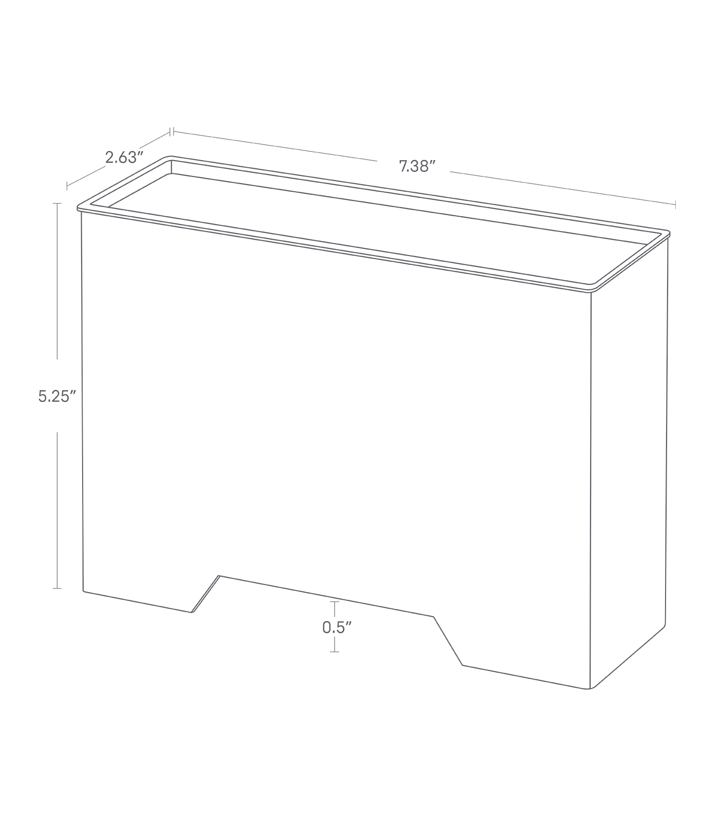 Dimension image for Magnetic Face Mask Dispenser showing height of 5.25", length of 2.63", width of 7.38", the opening height of 0.5"