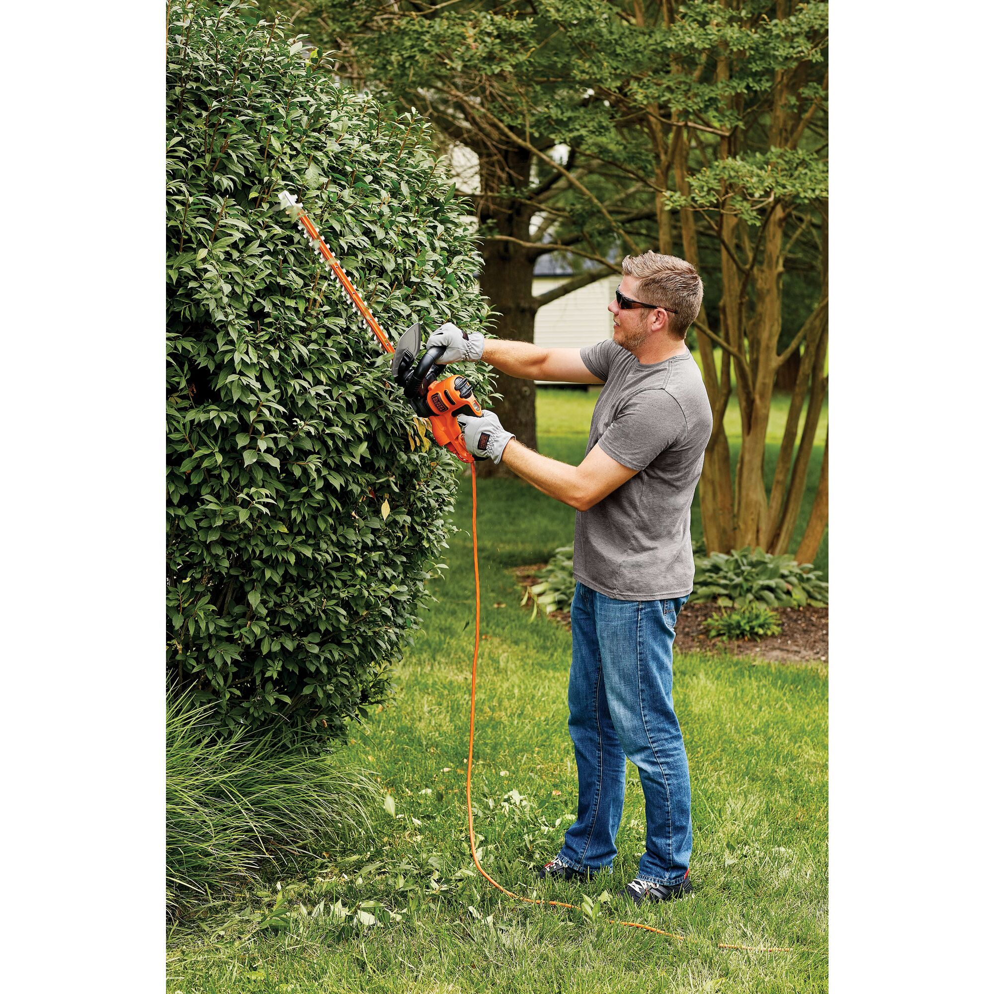 20 inch SAW BLADE Electric Hedge Trimmer being used by person to trim hedge outdoors.