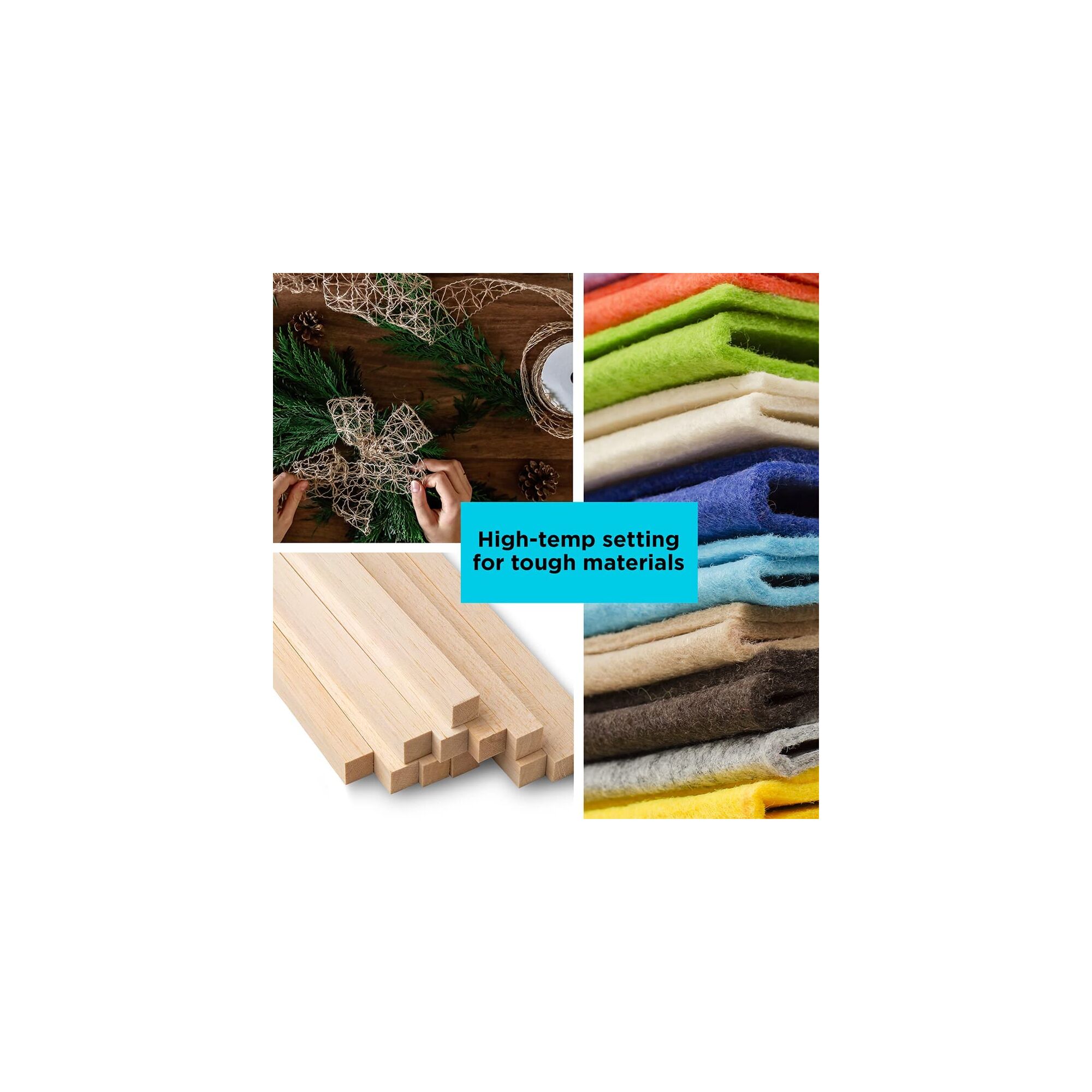 Various materials that can be used with Black and Decker corded glue gun, including cloth or wood