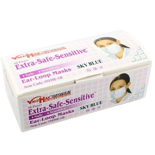 Extra Safe Earloop Mask,  Sensitive,  Light Sky Blue, 50/Box