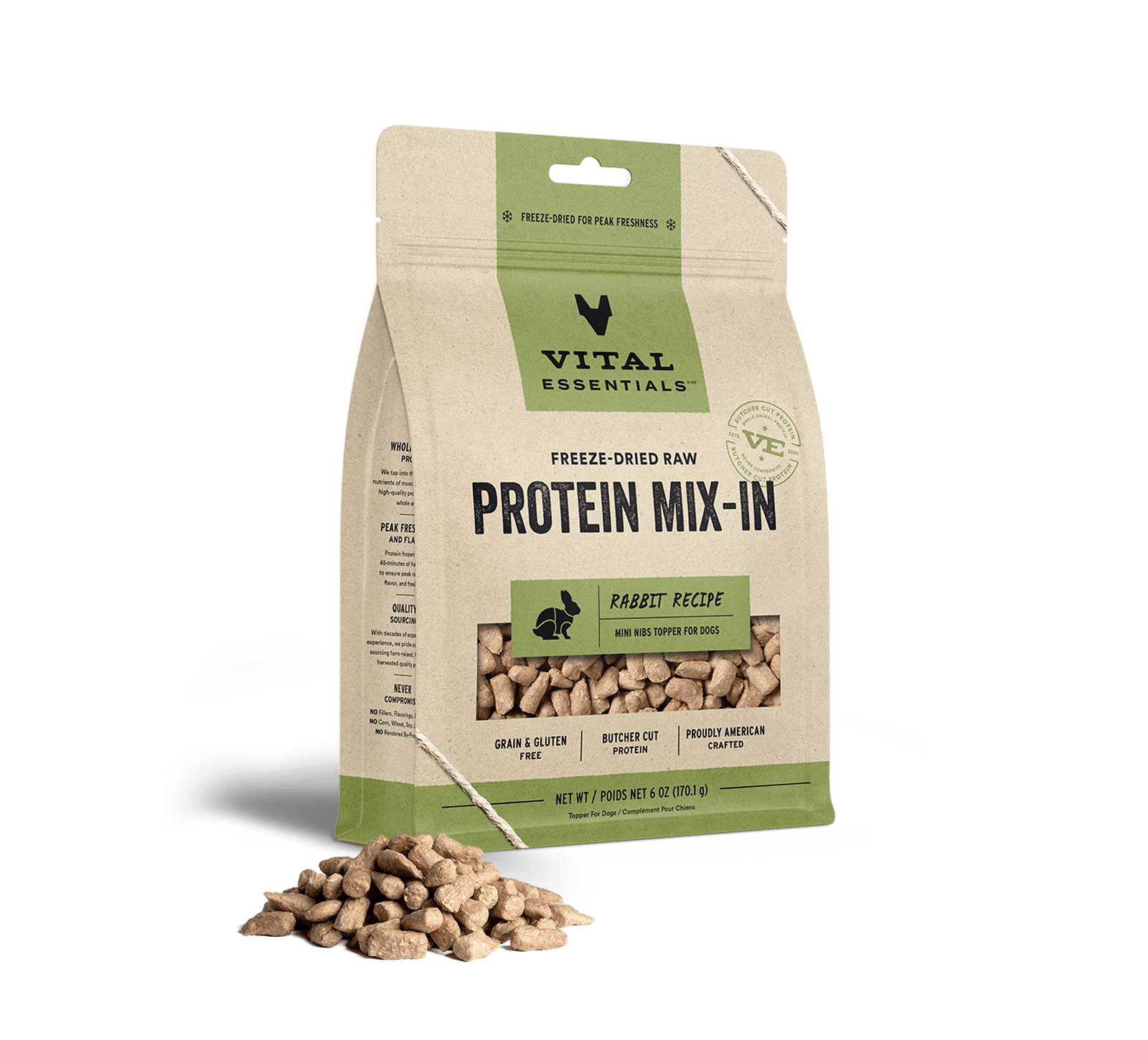 Vital Essentials Freeze-Dried Raw Protein Mix-In Rabbit Recipe Mini Nibs Topper for Dogs, 6 oz - Healing/First Aid
