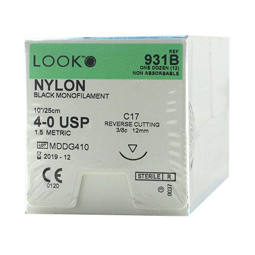 Nylon Black Monofilament Suture, 4-0, C-17, Reverse Cutting, 10" - 12/Box