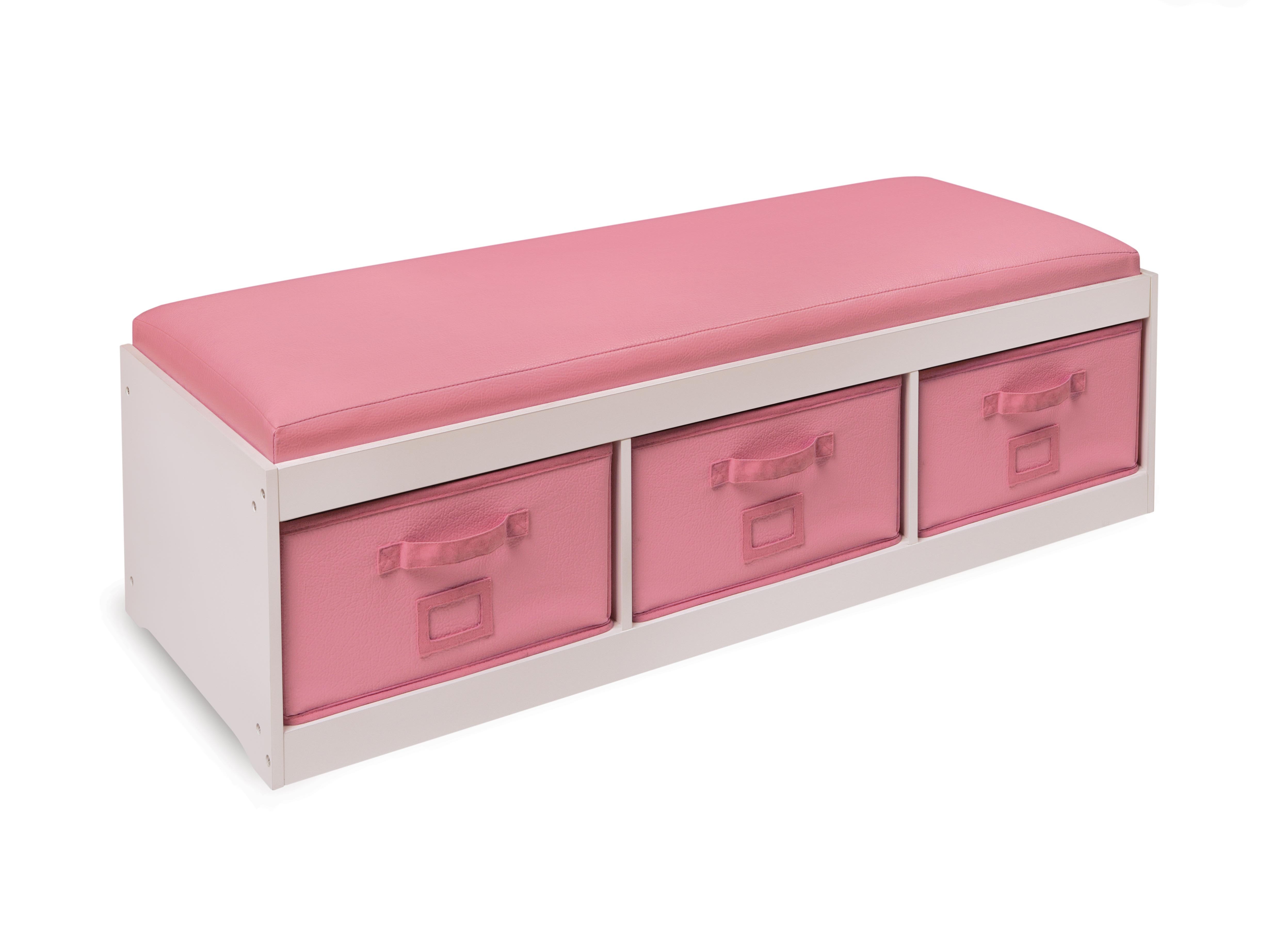 Kid's Storage Bench with Cushion and Three Bins - White with Pink