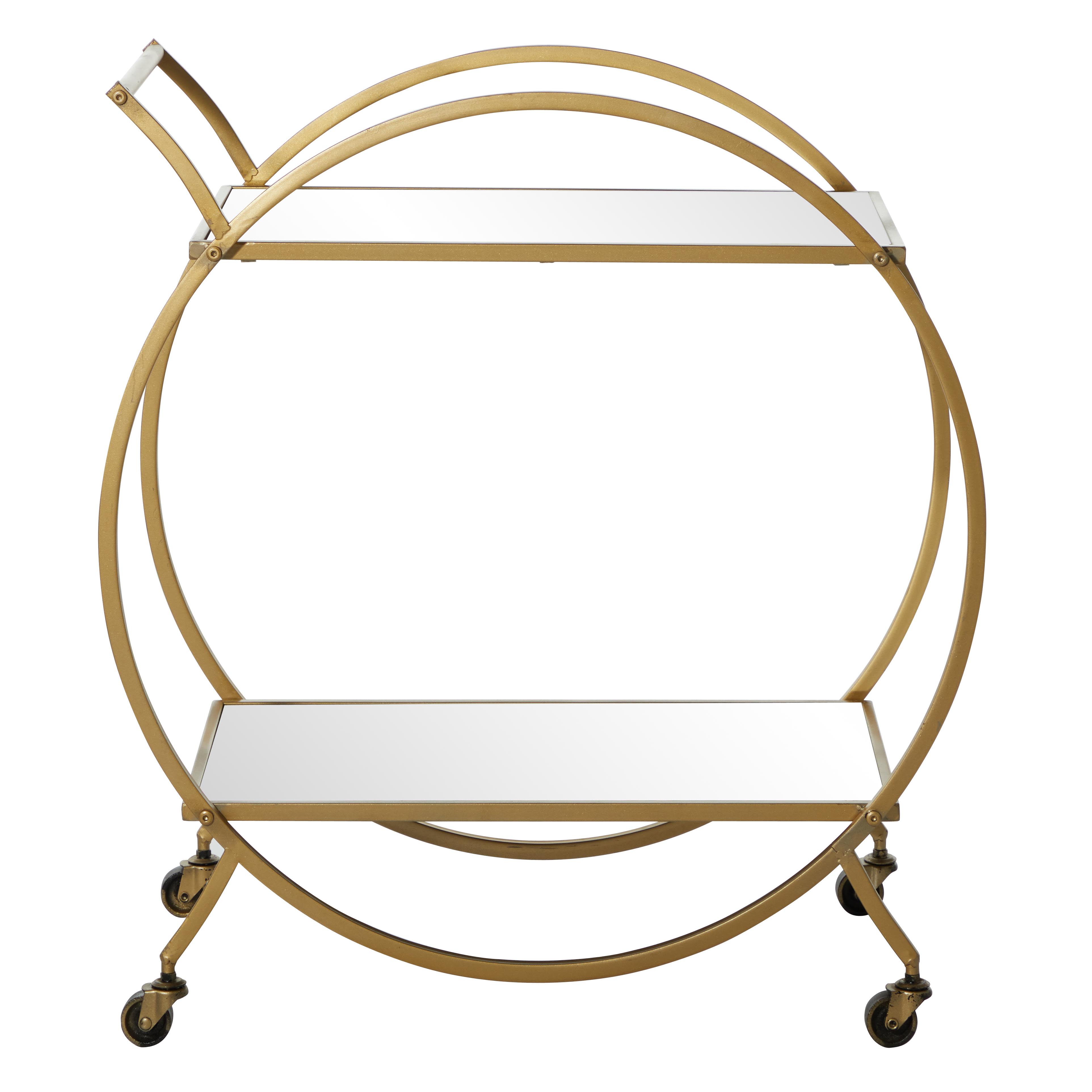 Gold Metal  Rolling Round 2 Shelf Bar Cart with Wheels and Handle, 27" x 15" x 30"